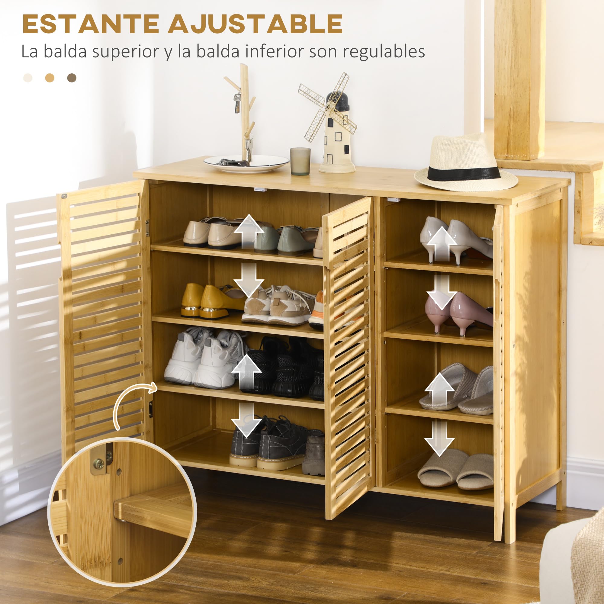 HOMCOM Mueble Zapatero de Recibidor de Bambú 100x35x80cm Natural | Armario Zapatero, 3 Puertas de Persianas, Estantes Ajustables, 16 Pares de Zapatos, Pasillo Entrada