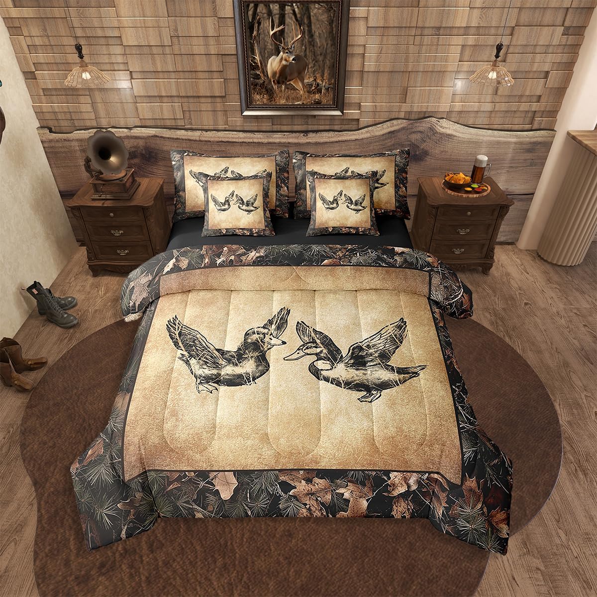 Erosebridal Lake House Bedding Sets 7 Piece Rustic Farmhouse King Comforter Set Camo Lake Paddles Boat Fishing Bed in A Bag Gifts for Lake Lovers,Tree Camouflage Cabin Sheet Set with Comforter