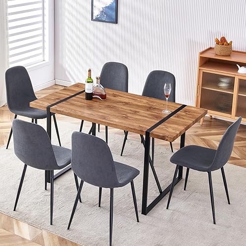 Miniatura 25 de Juego de mesa de comedor de 9 piezas, mesa de cocina rectangular moderna de madera de 71'' y juego de sillas de comedor de tela de 8, juego de mesa