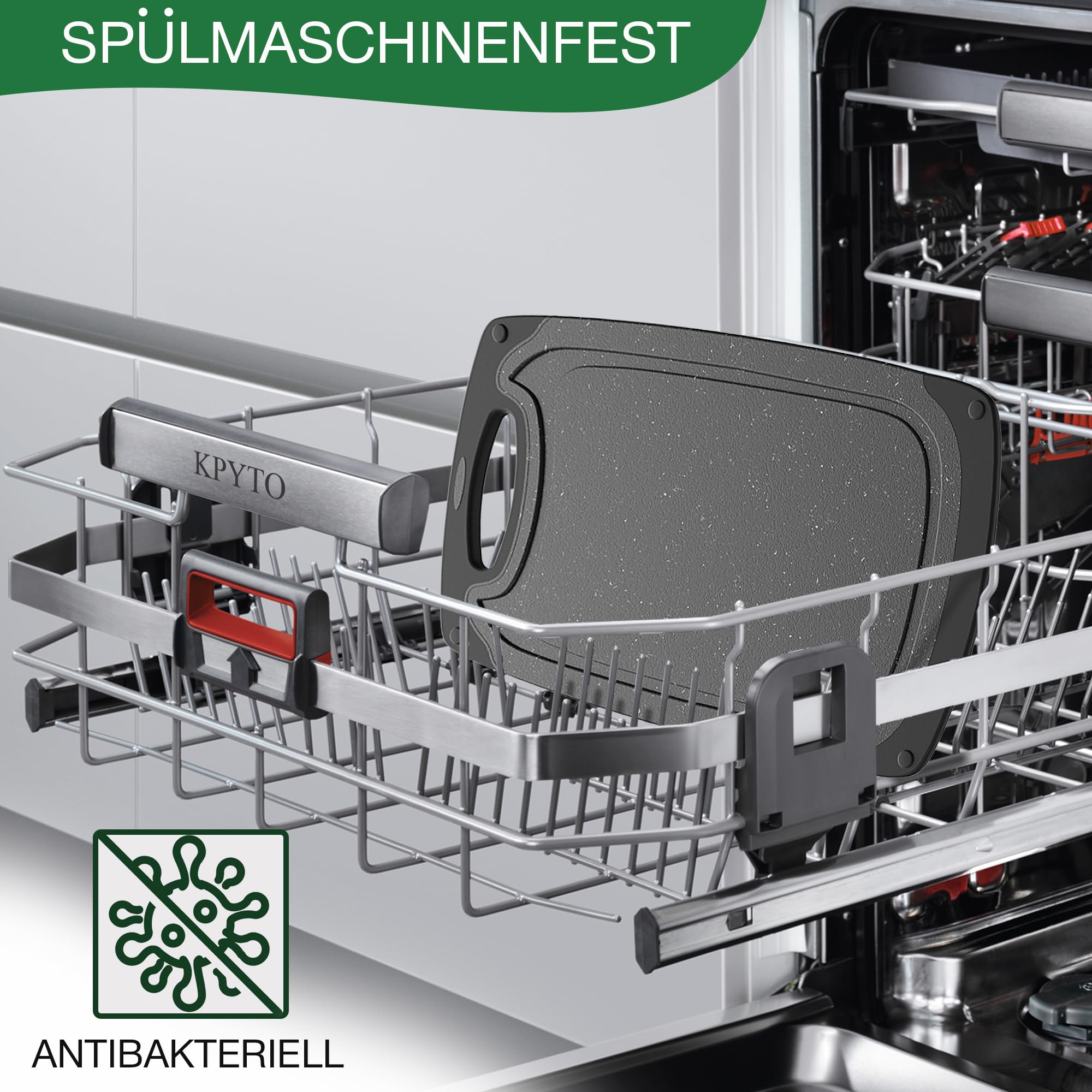 Frühstücksbrettchen 4-er Set mit Ständer 24x14 cm, schwarz-schwarz spülmaschinenfest beidseitig rutschfest mit Saftrille und Griff Schneidebrettchen Kunststoff klein antibakteriell