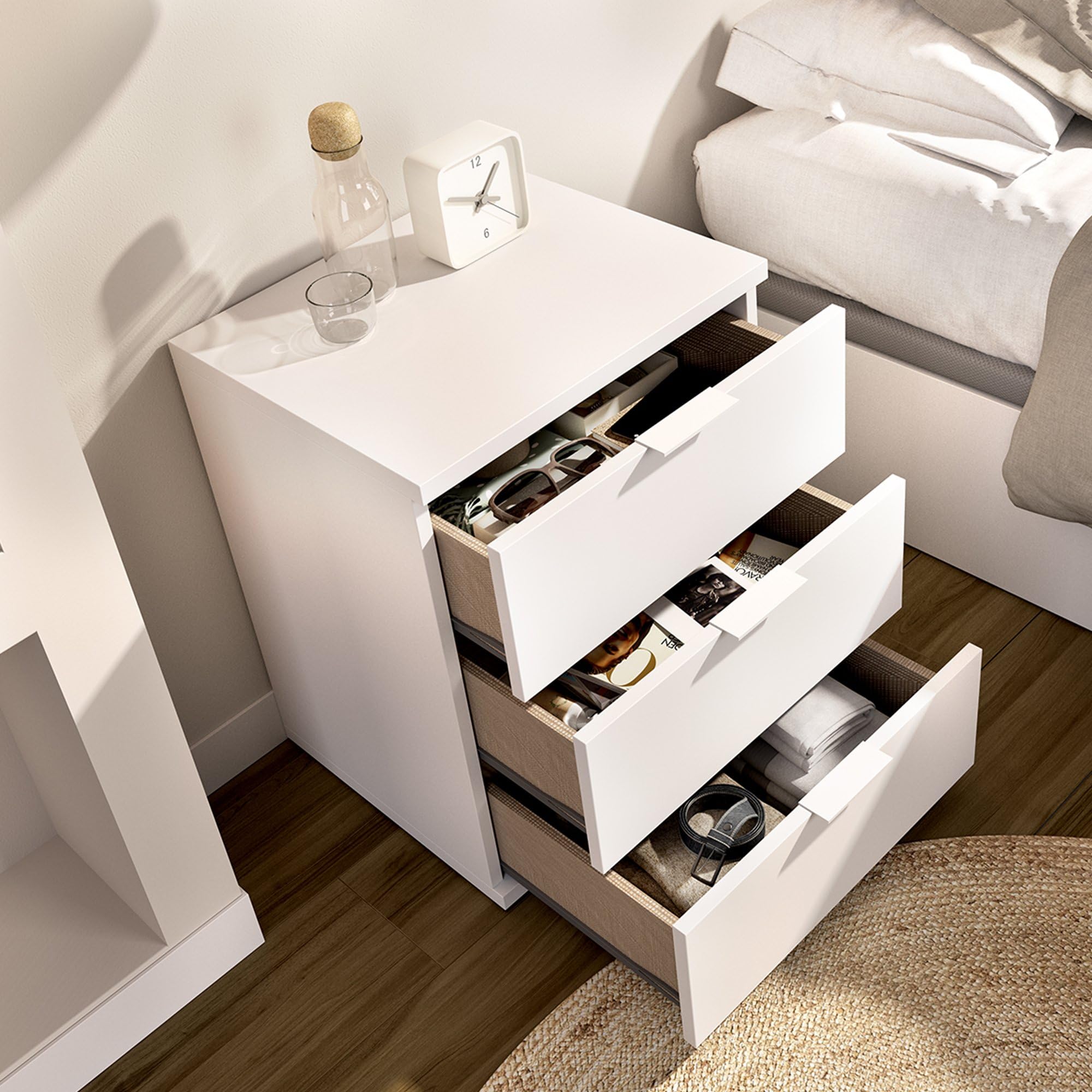 Dmora Comodino Tuoro 34x42x57h cm Bianco Un Ripiano 3 Cassetti, Apertura Scorrevole