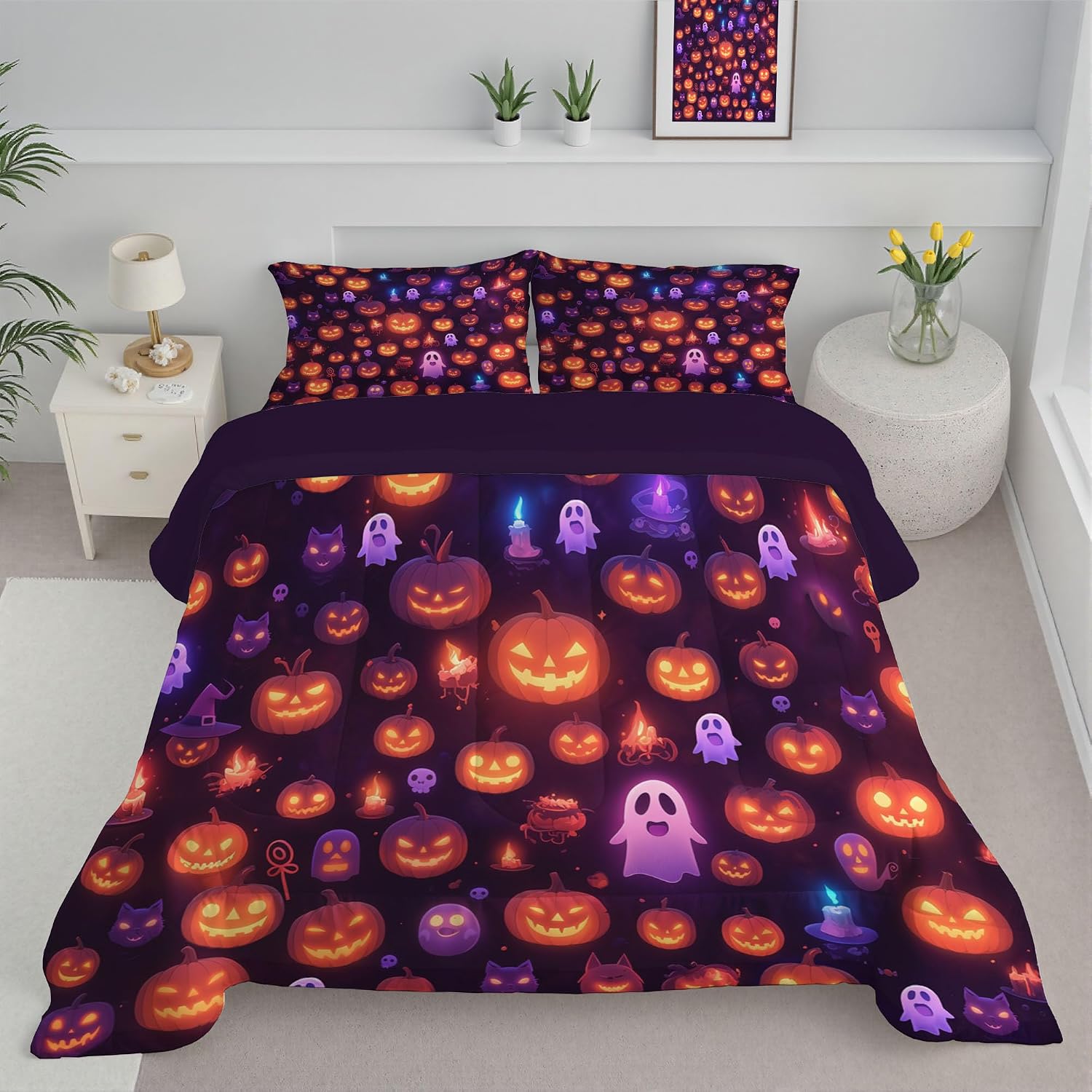 Cartoon Halloween Comforter Set King Size, Neon Pumpkin Bedding Set for Teens Adults Room, Purple Soft 104" x 90" Quilt with 2 Pillow Cases, Lightweight Purple Quilt for All Season