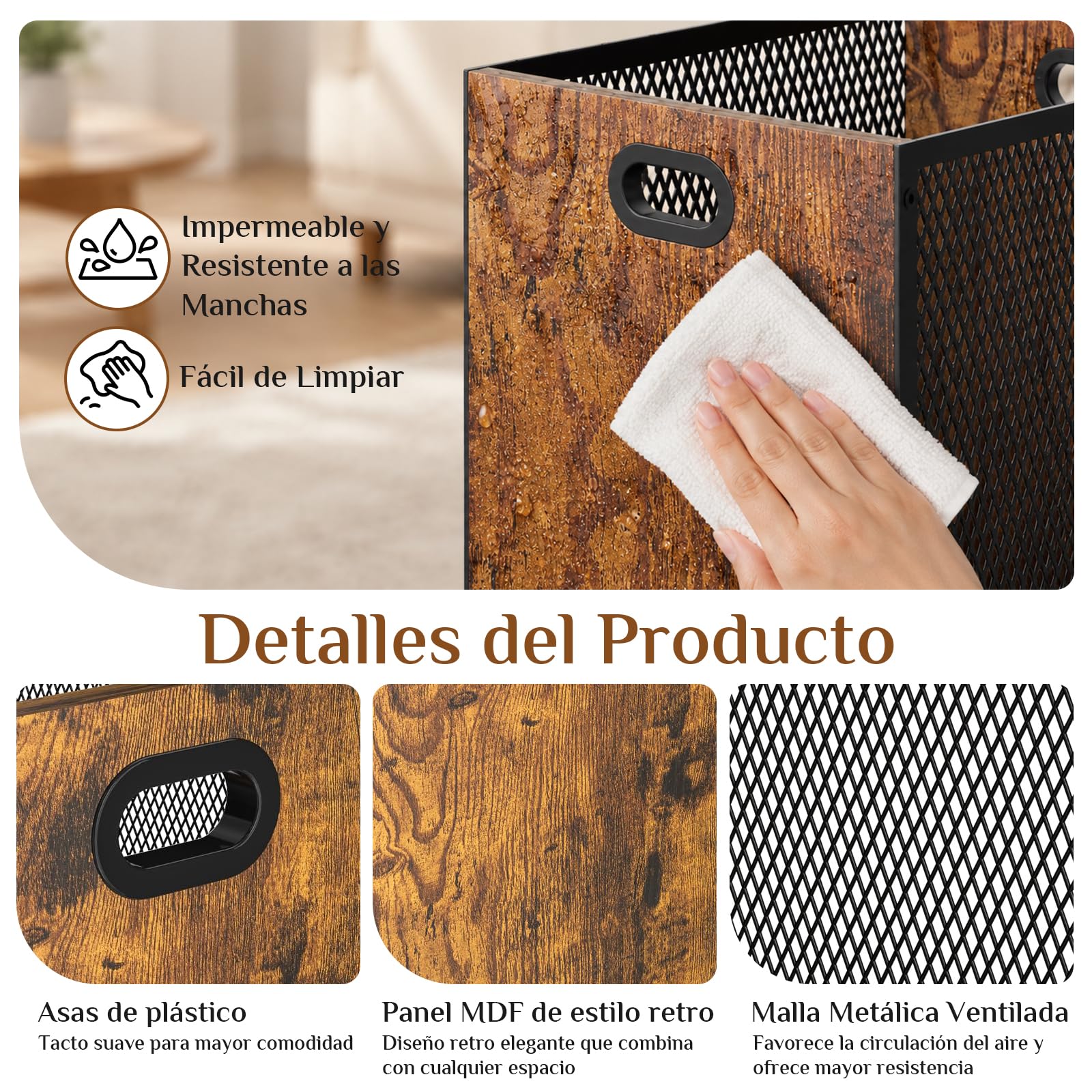 Papelera de Oficina de Metal y Madera con Asa