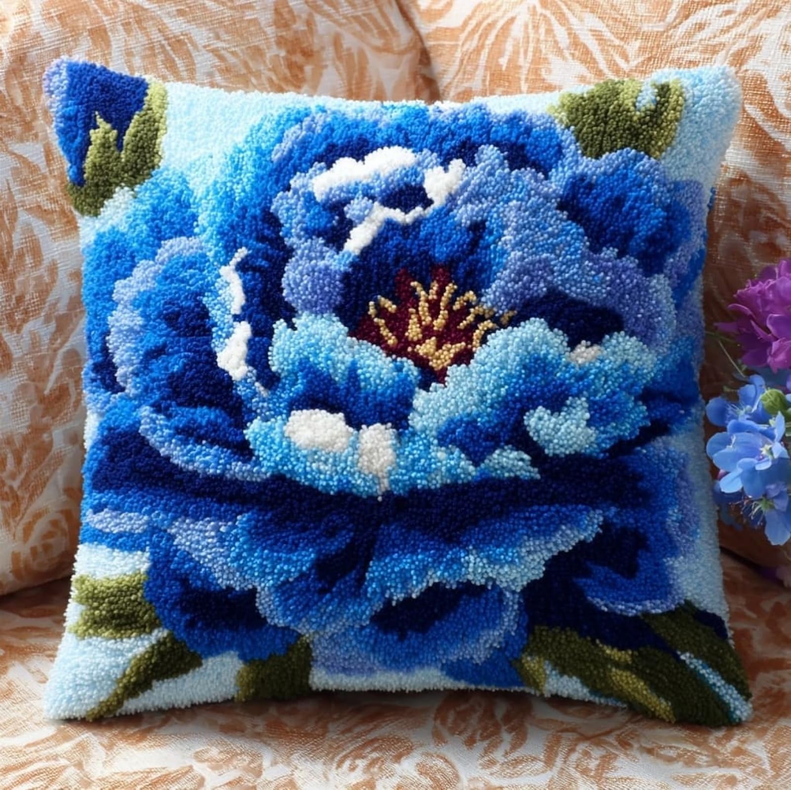 AxiangziK Latch Hook Pillow Making Kit 43x43cm,Blue Peony Complete Set with Hook Tool & Instructions - Sofa Cushion Cover DIY Craft for Adults