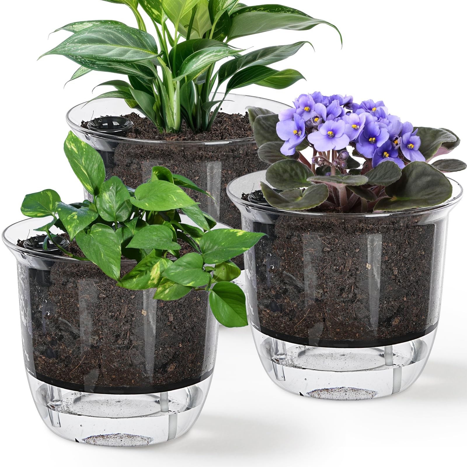 Set di 3 vasi per piante da 15,2 cm, vasi autoirriganti per interni ed esterni, fioriere autoirriganti con serbatoio, foro di drenaggio e corda di cotone assorbente (3 grandi)