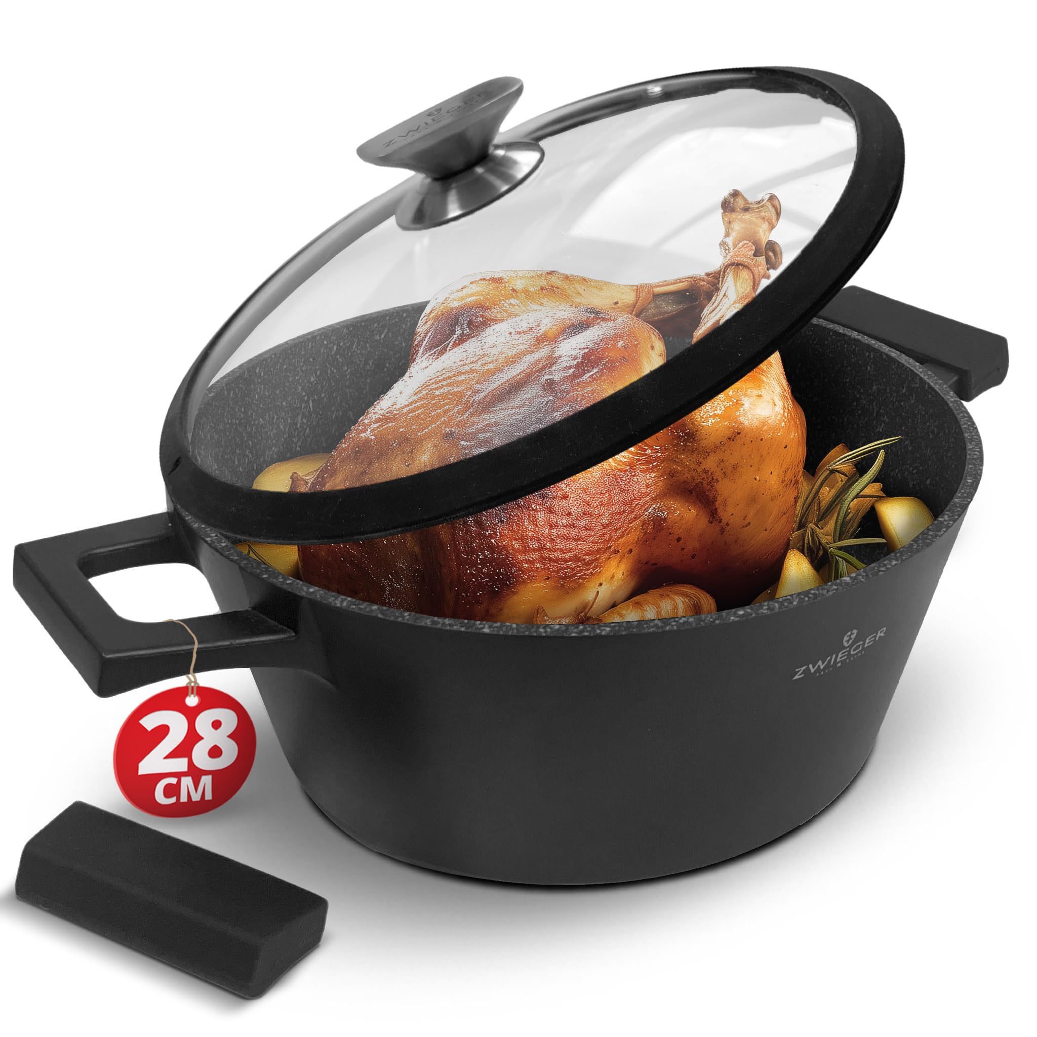 ZWIEGER 3-in-1 Schmortopf mit Deckel Backofengeeignet 28 cm - Groß Bräter induktion, brotbackform mit deckel - Vollflächiger Edelstahlboden, für alle Herdarten geeignet - Antihaft, PFOA-&PFOS-frei