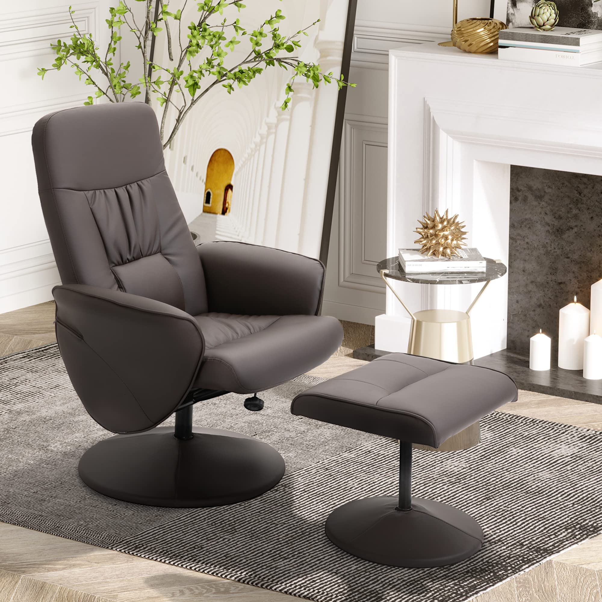 HOMCOM Sillón Relax Reclinable con Reposapiés, Sillón Relax de Cuero Sintético con Respaldo Alto, Giratorio 360°, Reposabrazos, para Salón, Dormitorio, Marrón