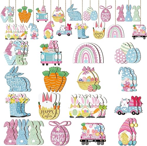 32 adornos de Pascua para árbol, decoración de madera de primavera pastel, huevo, gnomo, conejo, zanahoria, adornos para colgar, primavera, Pascua,