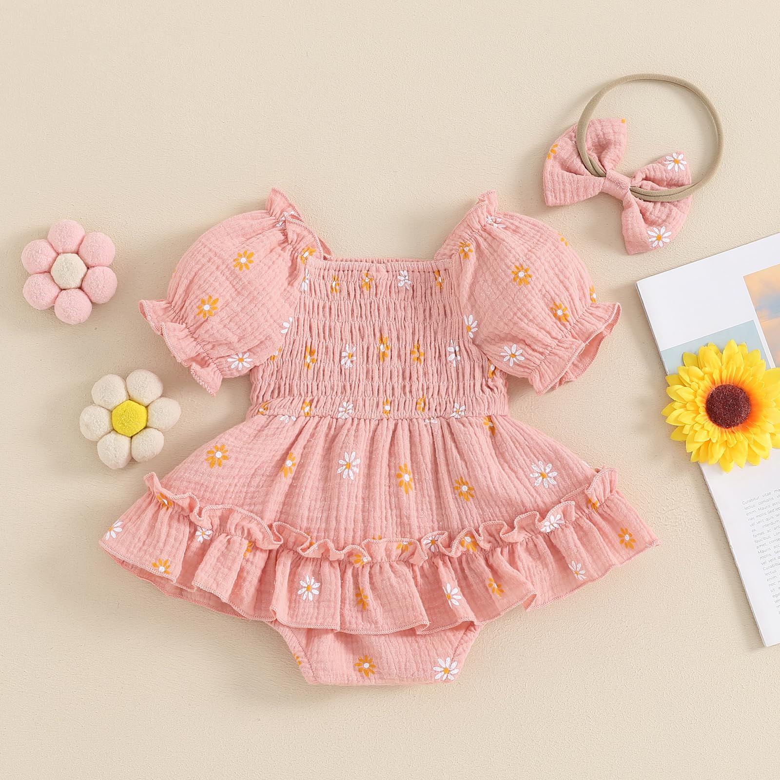 Baby Girls Daisy Romper Dress Short Sleeve Bodysuit Floral Jumpsuit with Headband Newborn Summer Outfit (Pink, 3-6 Months)