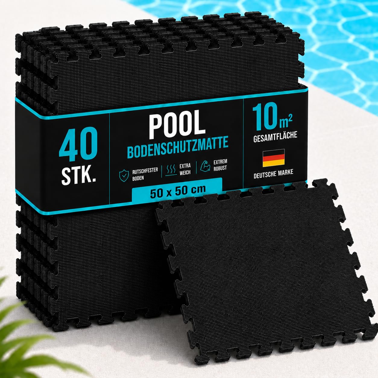 poolomio® Mata ochronna do basenu, 40 sztuk, XXL, 50 x 50 cm, antypoślizgowa i izolująca, podkładka ochronna do basenu z tworzywa EVA, szara