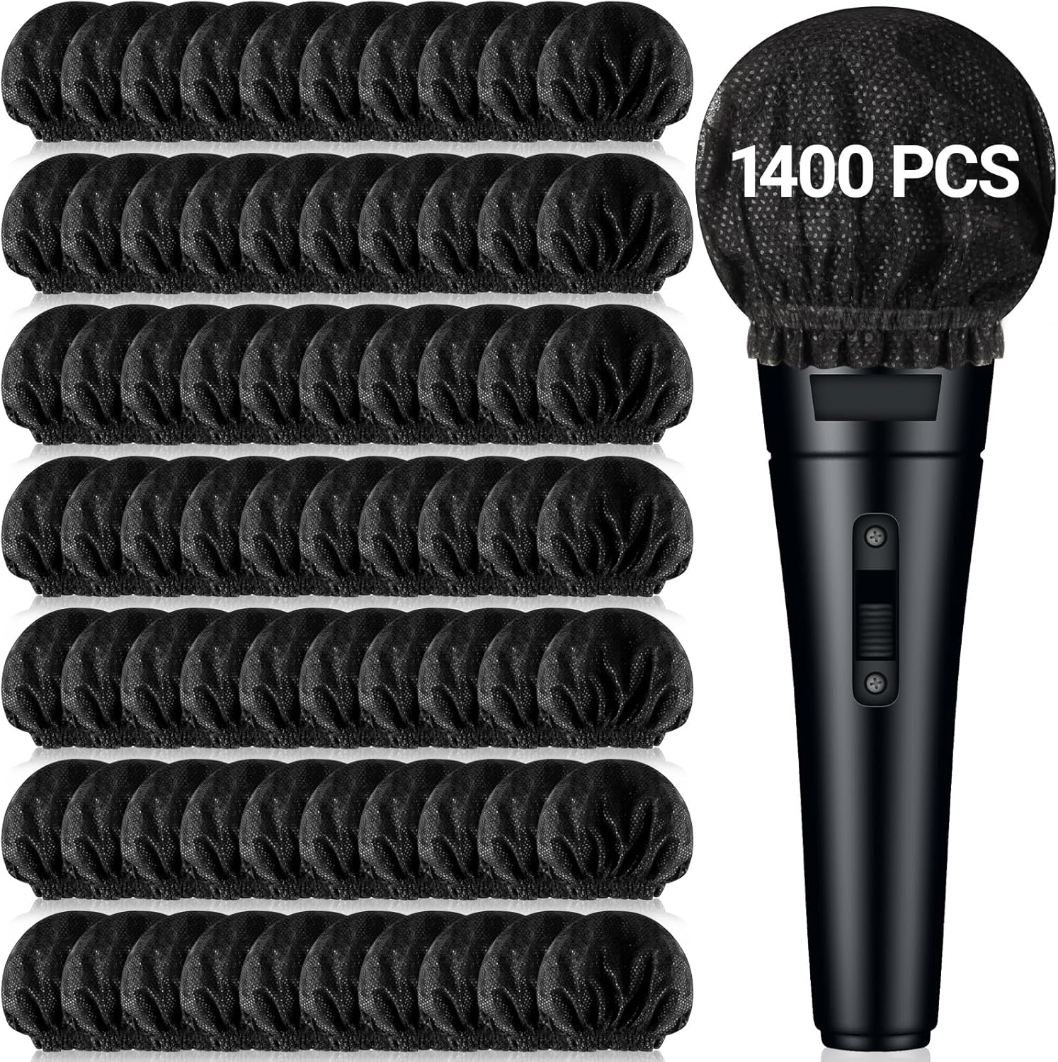 Buryeah 1400 Pcs Disposable Microphone Cover Non Woven Handheld Microphone Windscreen with Elastic Band Individually Wrapped Mic Cover for KTV Recording Studio Karaoke Stage Performance (Blacks)