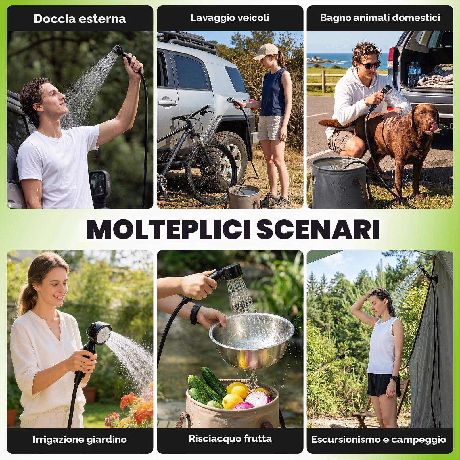 Doccia da Campeggio Portatile IPX8 con Display Digitale | Ricaricabile 8000mAh, 3 Modalità di Doccia, con Tubo da 2m e Soffione, per Viaggio Spiaggia Animali Domestici
