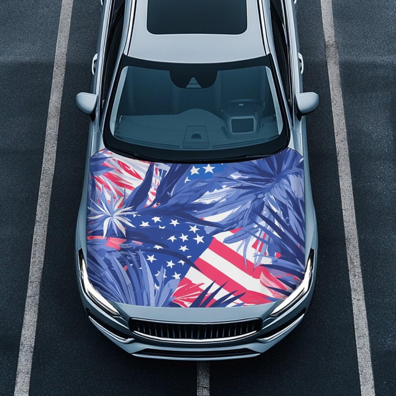 Tropical Plants US Flag Car Hood Covers for Automobiles, Universal Hawaiian Palm Leaves Flag Car Bonnet Banner for Most Vehicles Sedans Trucks SUVs, All-Season Protection