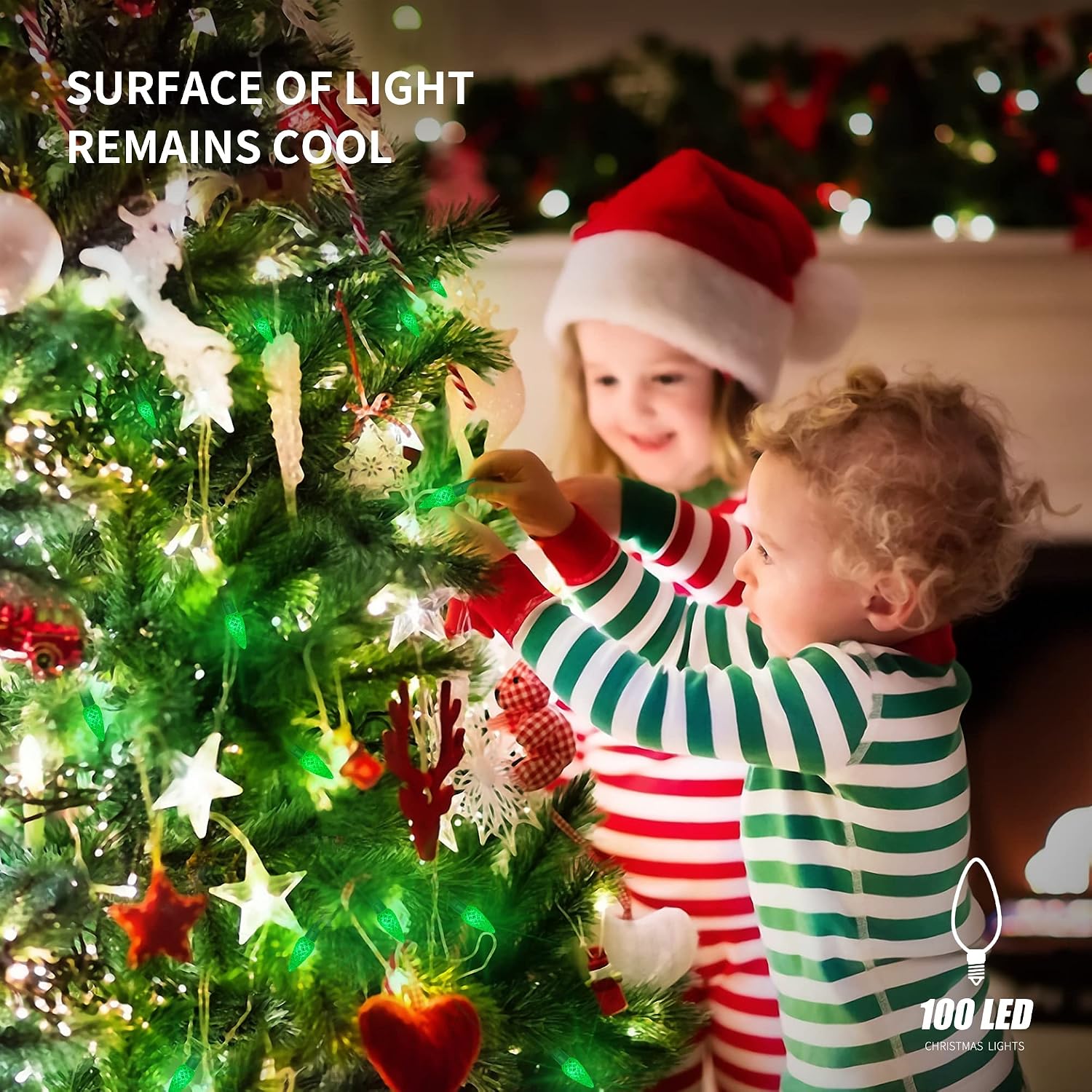 WATERGLIDE C6 Christmas Lights, 33ft 100 LED Faceted String Lights Green Wire Fairy Lights with 29V Safe Adaptor, 8 Lighting Mode, Waterproof for Indoor Outdoor Patio Xmas Tree Party Decor, Green