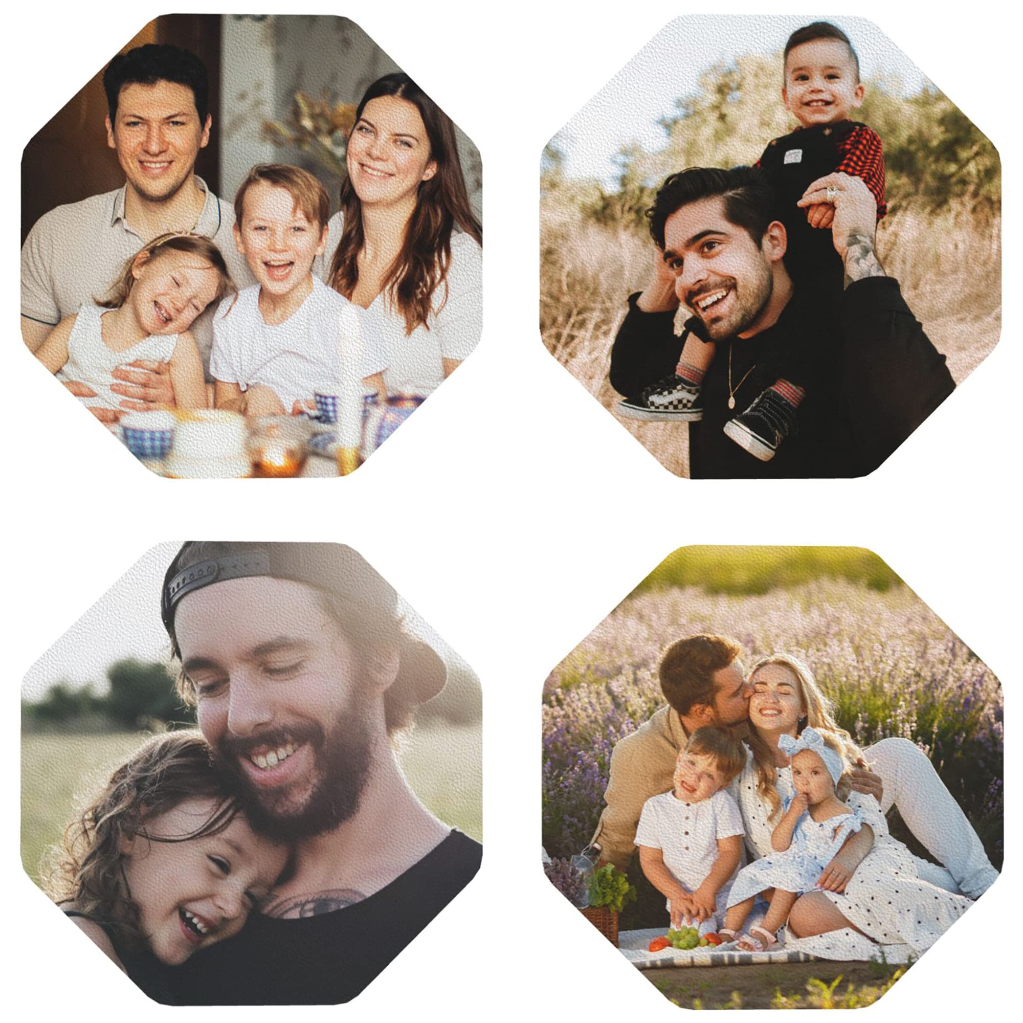 Personalised Photo Coasters for Drinks, Custom Faux Leather Cup Mat Set with Any Picture Text Logo, Coffee Table Coasters, Housewarming Birthday Gift (Octagon, 4PCS)