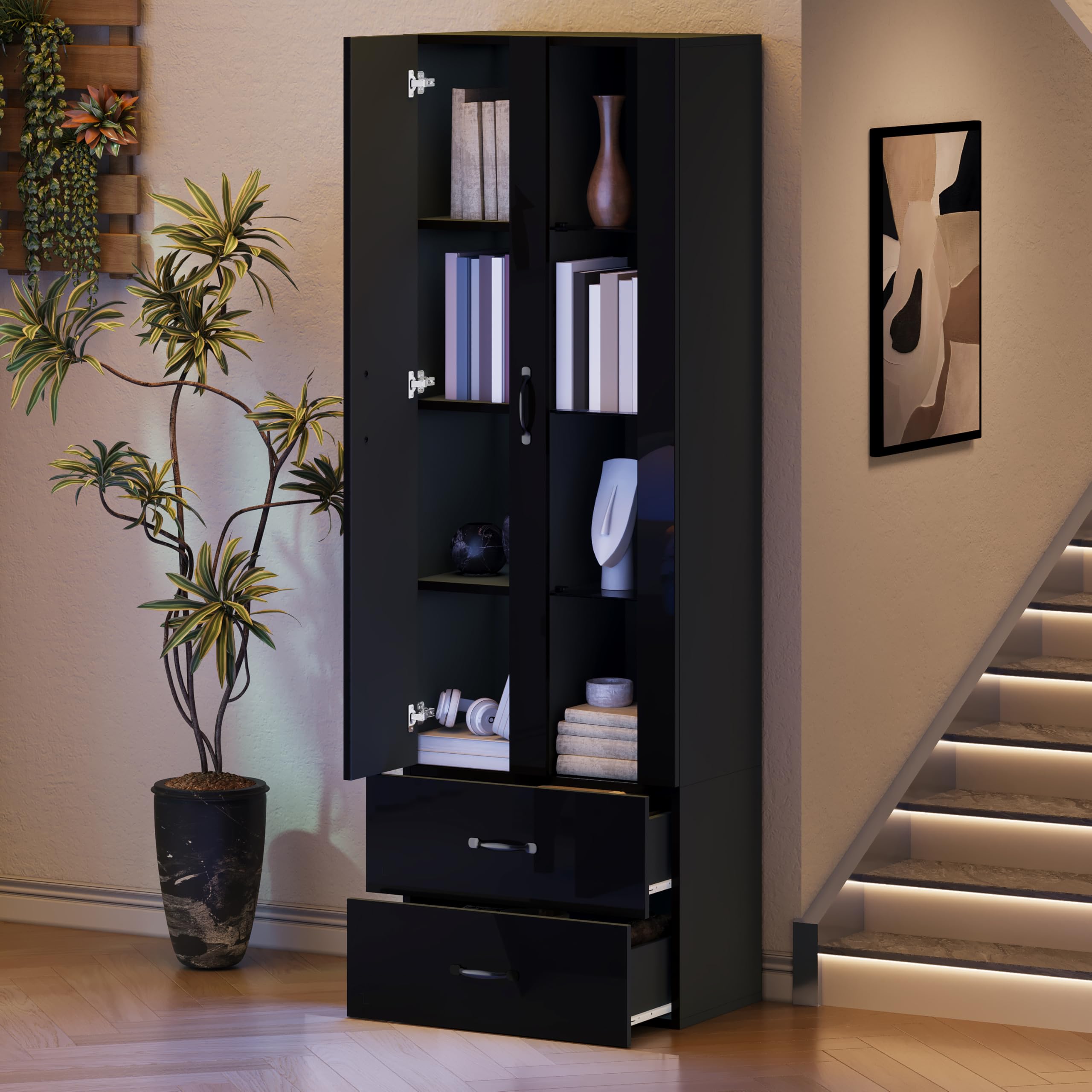 Vitrina de pie con 2 puertas y 2 cajones, vitrina de cristal con iluminación LED, armario multifunción para armario de salón y comedor (negro, 60 x 35 x 182,5 cm)
