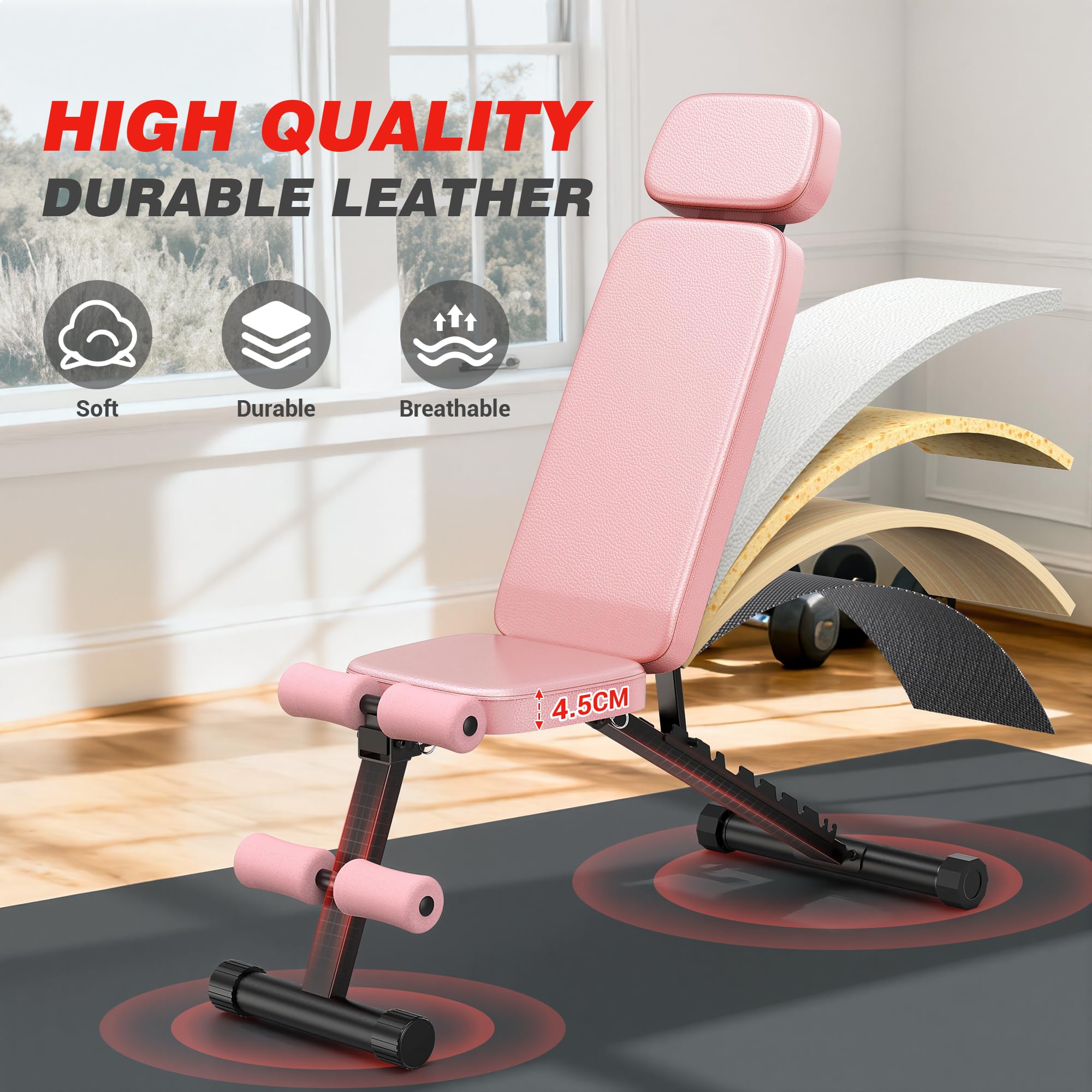 Workout Bench, 10 Backrests Adjustable Weight Bench with Extended Headrest, 800LBS Foldable Weight Bench for Home Gym, Incline Decline Flat Bench Compact for Small Space Training