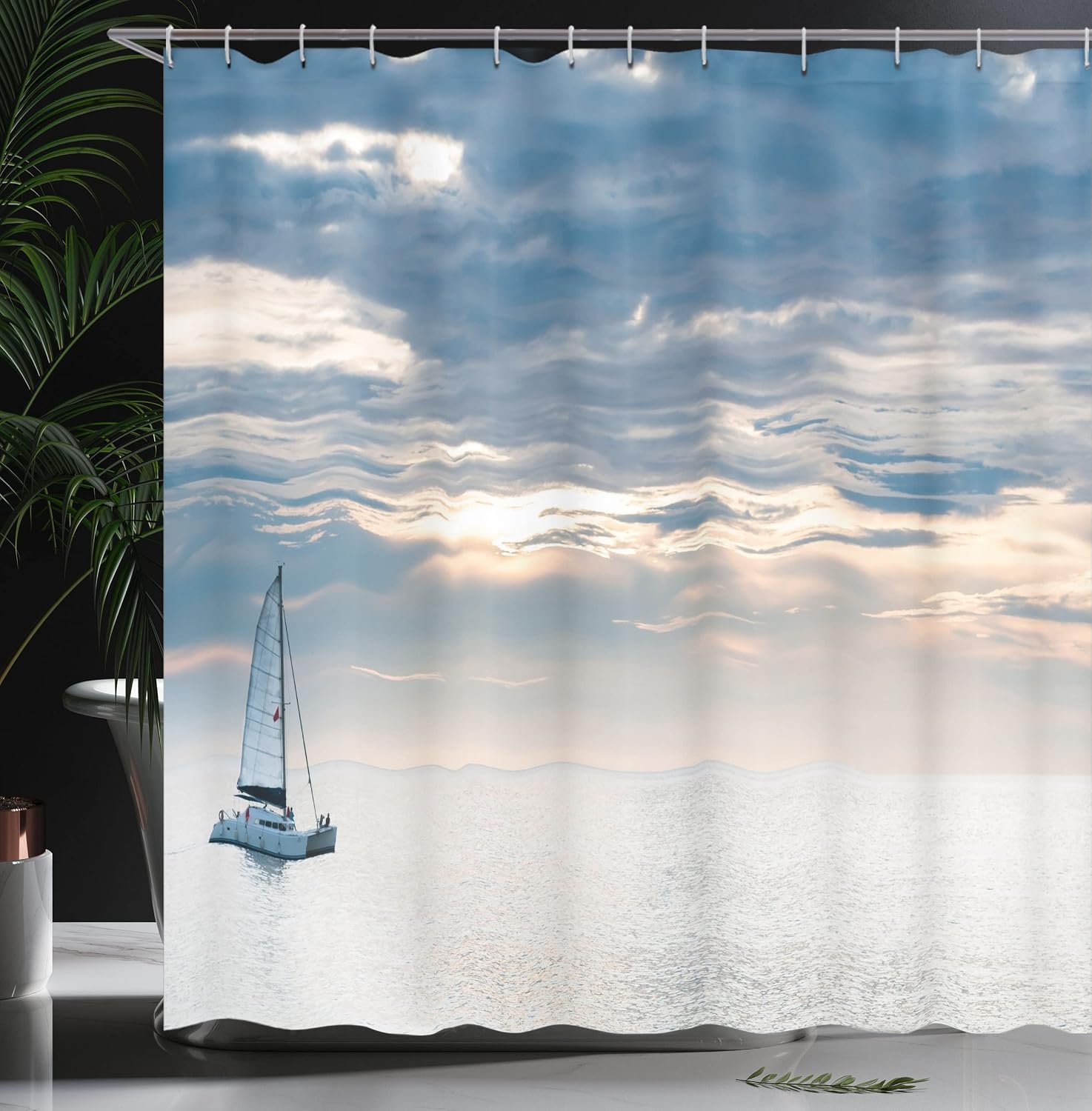 Ambesonne Nautical Shower Curtain, Sailing Yacht in The Morning Time on Tranquil Seascape Cloudy Sky Peaceful Marine Image, Cloth Fabric Bathroom Decor Set with Hooks, 69" W x 70" L, Aqua Blue