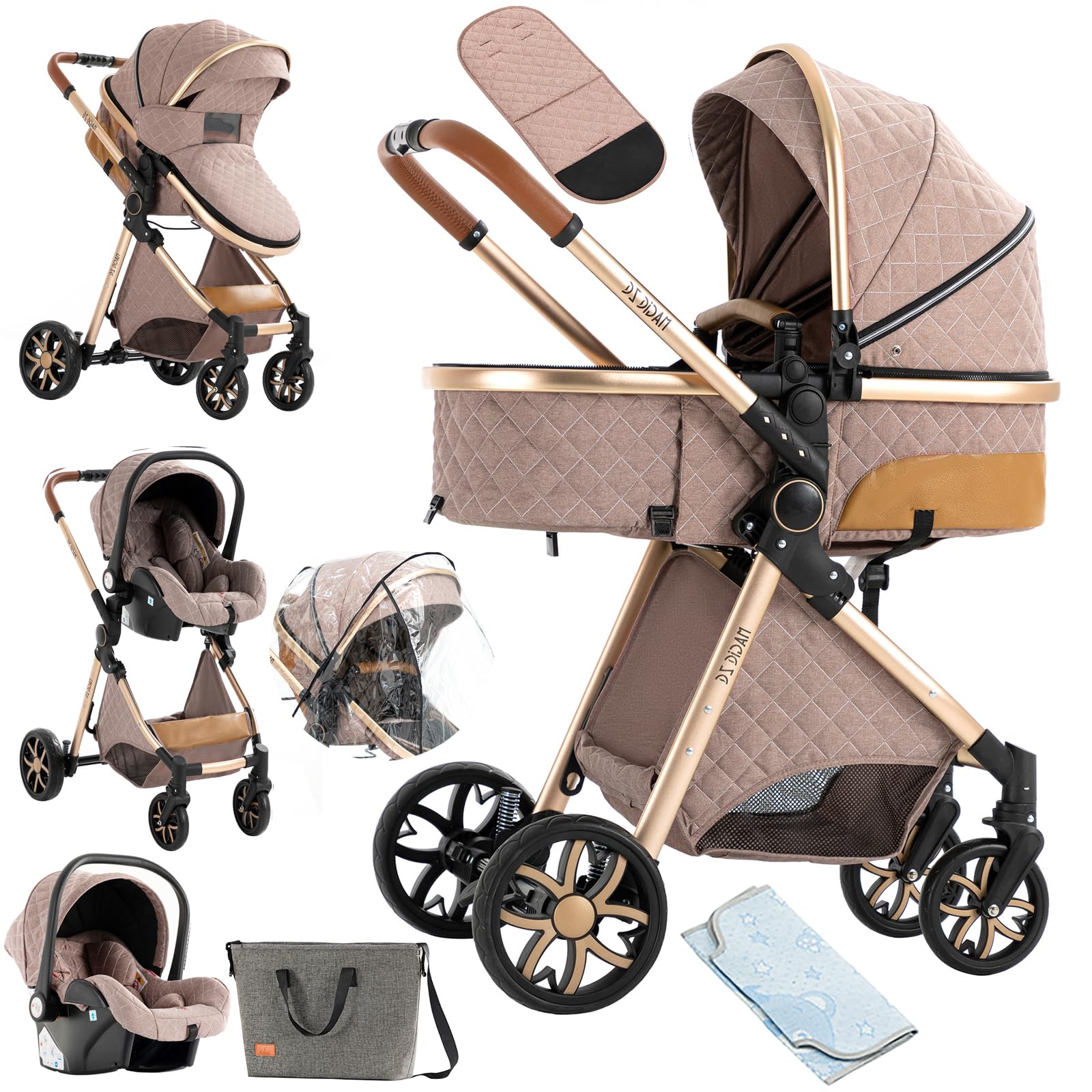 NADDLILY Passeggino Trio, Passeggino 3 in 1 con Spinta Reversibile a Due Vie, Trio Passeggino Neonati con Accessori, Carrozzina per Neonati con Design Portatile Pieghevole Un Clic (V9 Khaki)