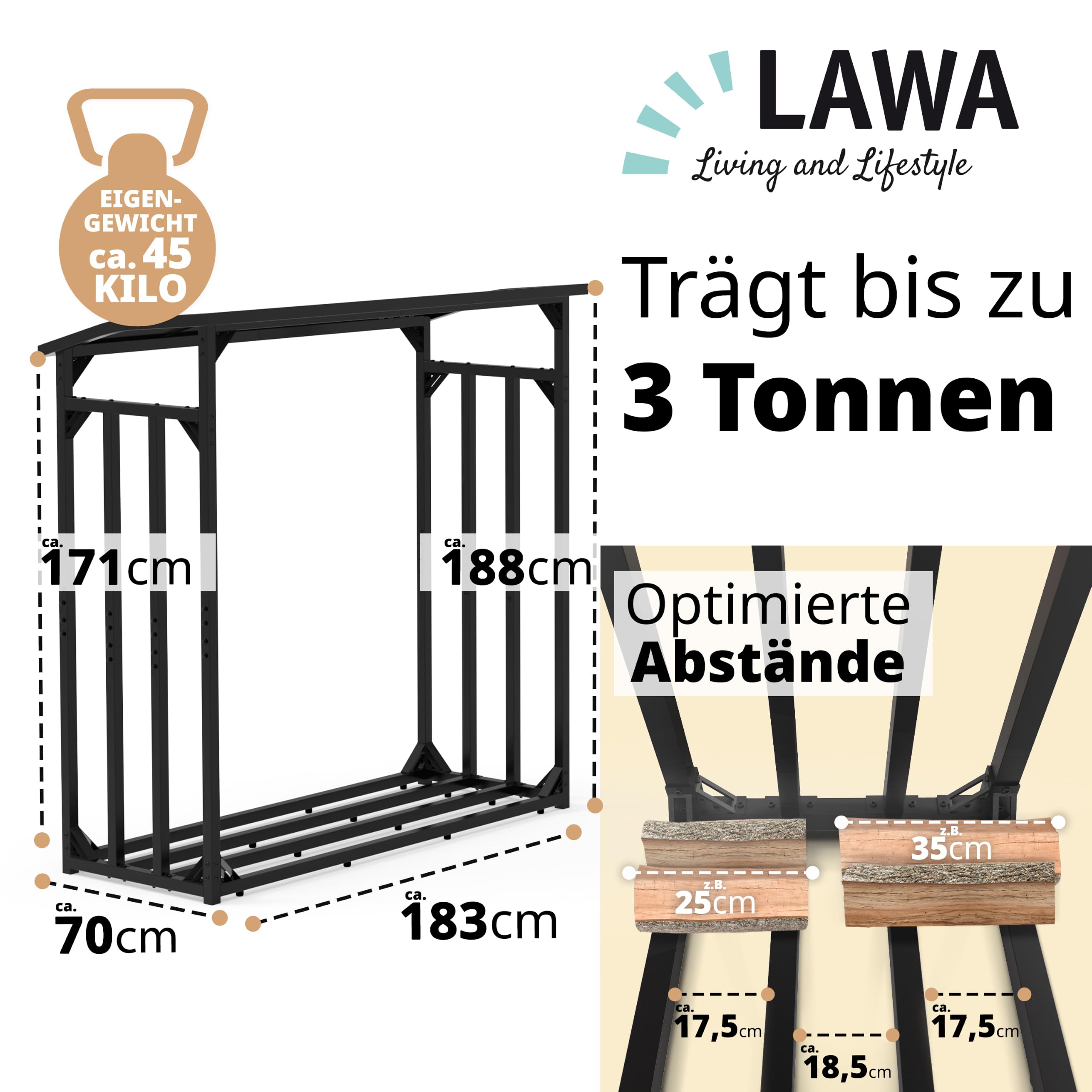 Scaffale per legna da ardere in metallo per esterni con tetto, 185 x 70 x