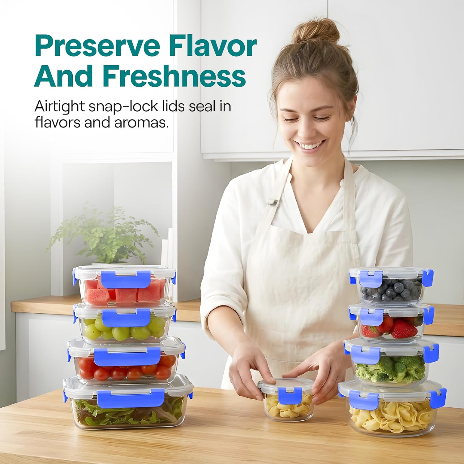 SereneLife 24 Piece Glass Storage Containers with Lids, 12 Pack Glass Meal Prep Container Set for Lunch, Kitchen Storage, Food Storage, Leak Proof, Freezer Safe and Dishwasher Safe, Blue