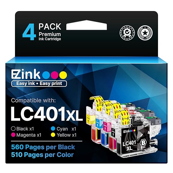 E-Z Ink LC401XL Ink Cartridges for Brother Printer Compatible Replacement for Brother LC401 Ink Cartridges LC401 XL LC401XL LC 401 to use with MFC-J1010DW MFC-J1170DW MFC-J1012DW DCP-J1800DW (4 Pack)