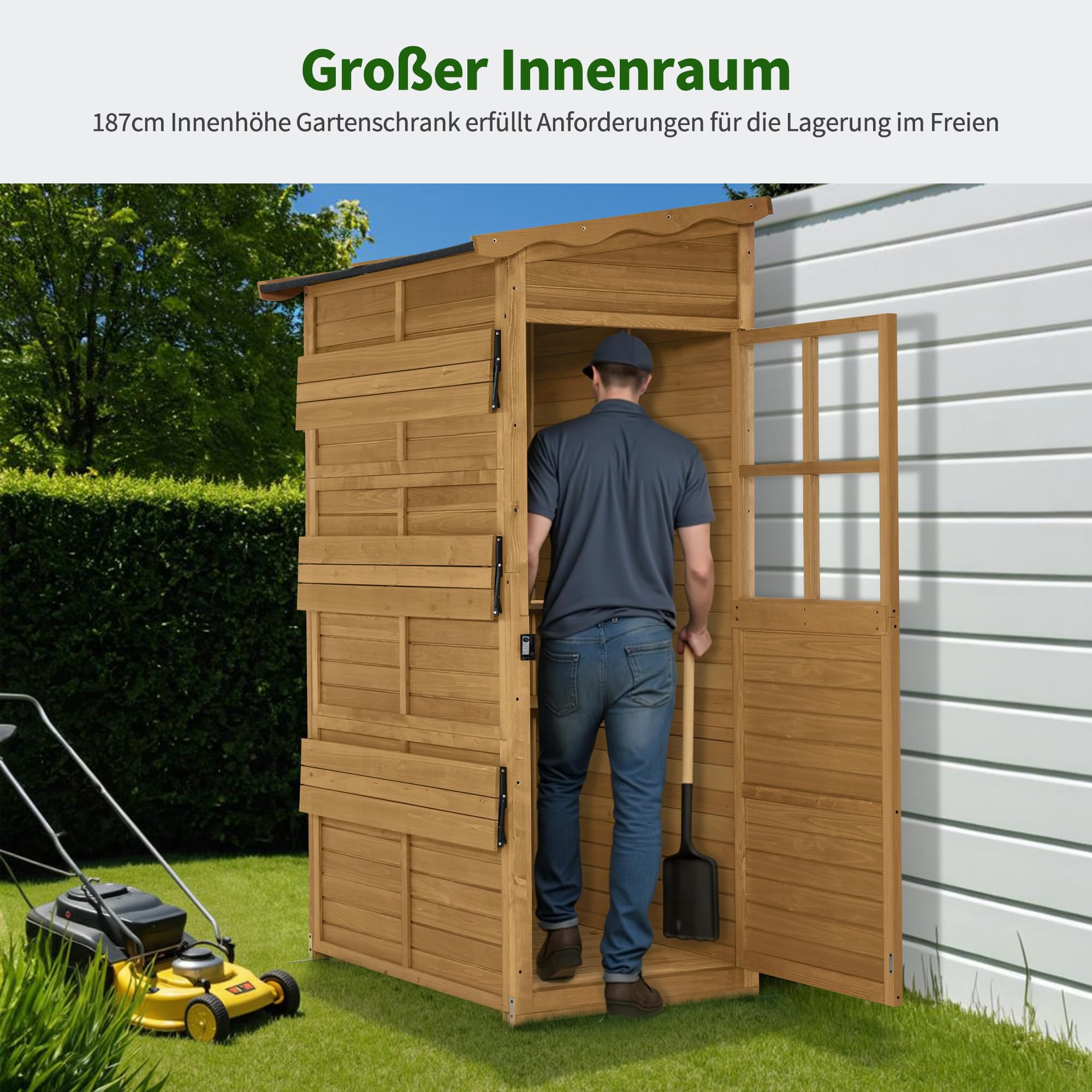 M MCombo Armadio da giardino in legno, casetta da giardino resistente alle intemperie, impermeabile, per balcone terrazzo esterno, mobile contenitore con ripiano regolabile 86×120×201 cm，1753 (Natura)