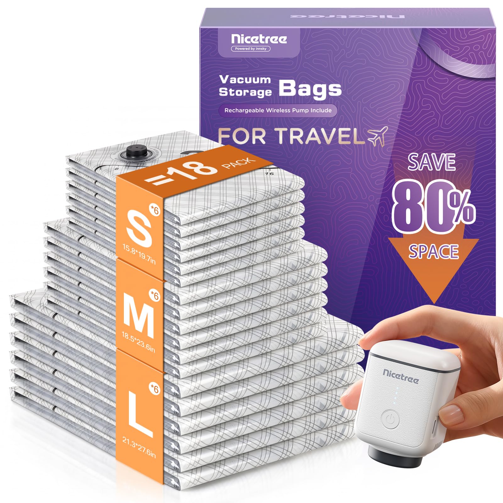 Nicetree 18-Pack Vacuum Bags for Travel with Rechargeable Pump, 3 Sizes