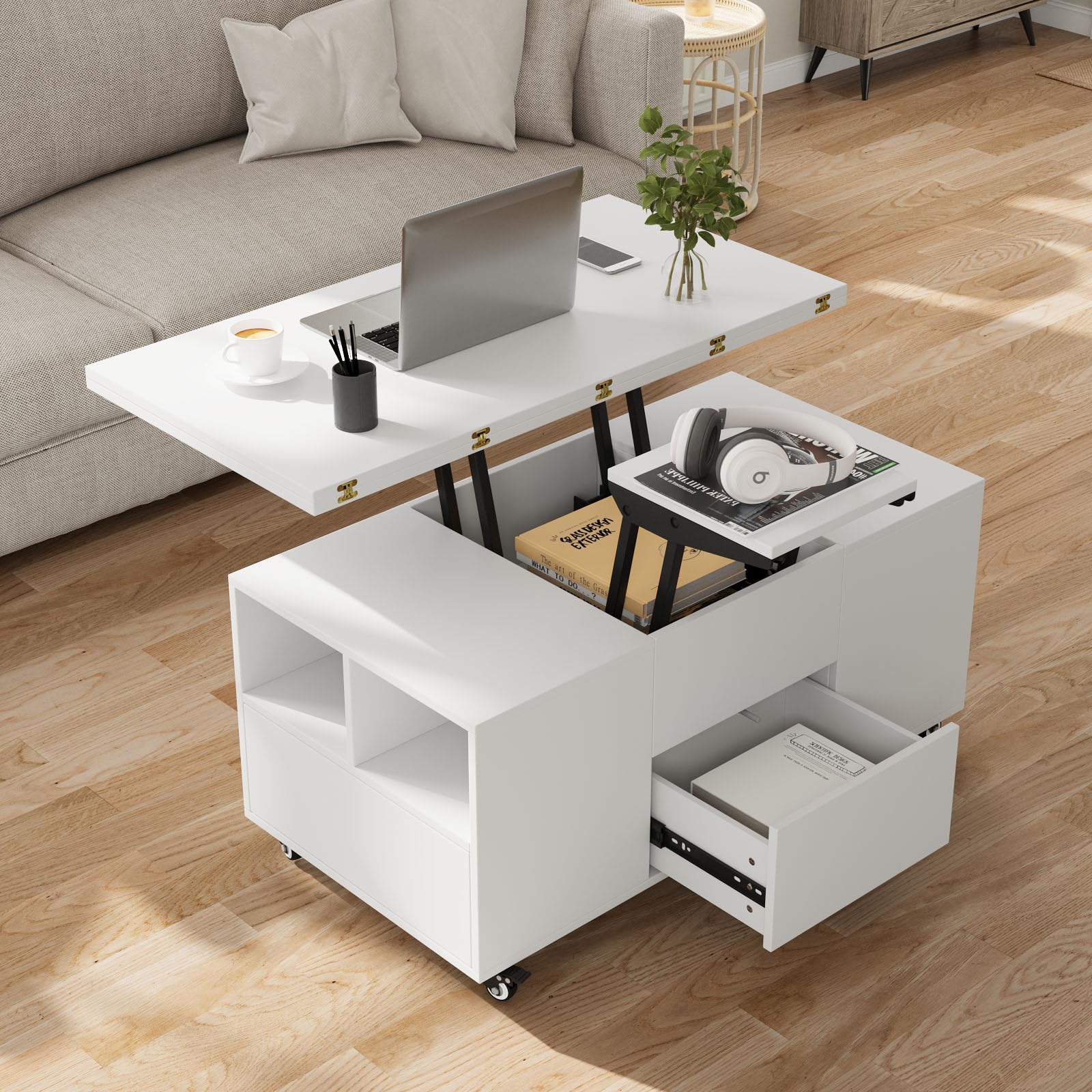 VOWNER Mesa de Centro Elevable Extensible (Blanco) | Multifuncional 3 en 1 con Cajón & 4 Taburetes para Comedor