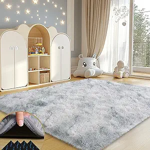 4x6 Rugs for Living Room, Large Fluffy Area Rugs for Bedroom, Soft Carpet Shag Kids Rug with 4 Non-Slip Rug Pads (Grey Tie-Dyed, 4ft x 6ft)