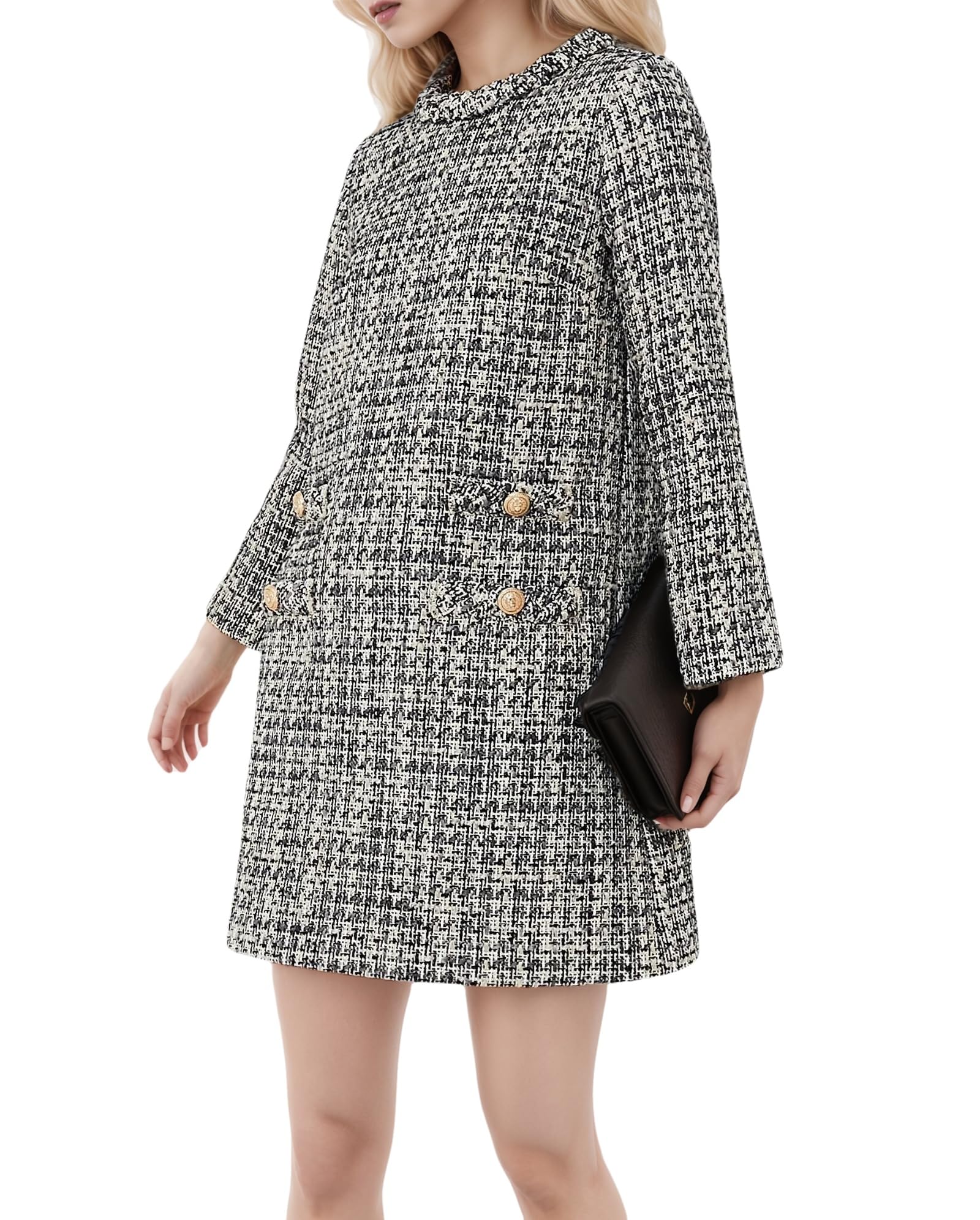 Kedera Womens Long Sleeve Tweed Dress Elegant Crew Neck A-line Party Vintage Mini Skirt Causal Dresses