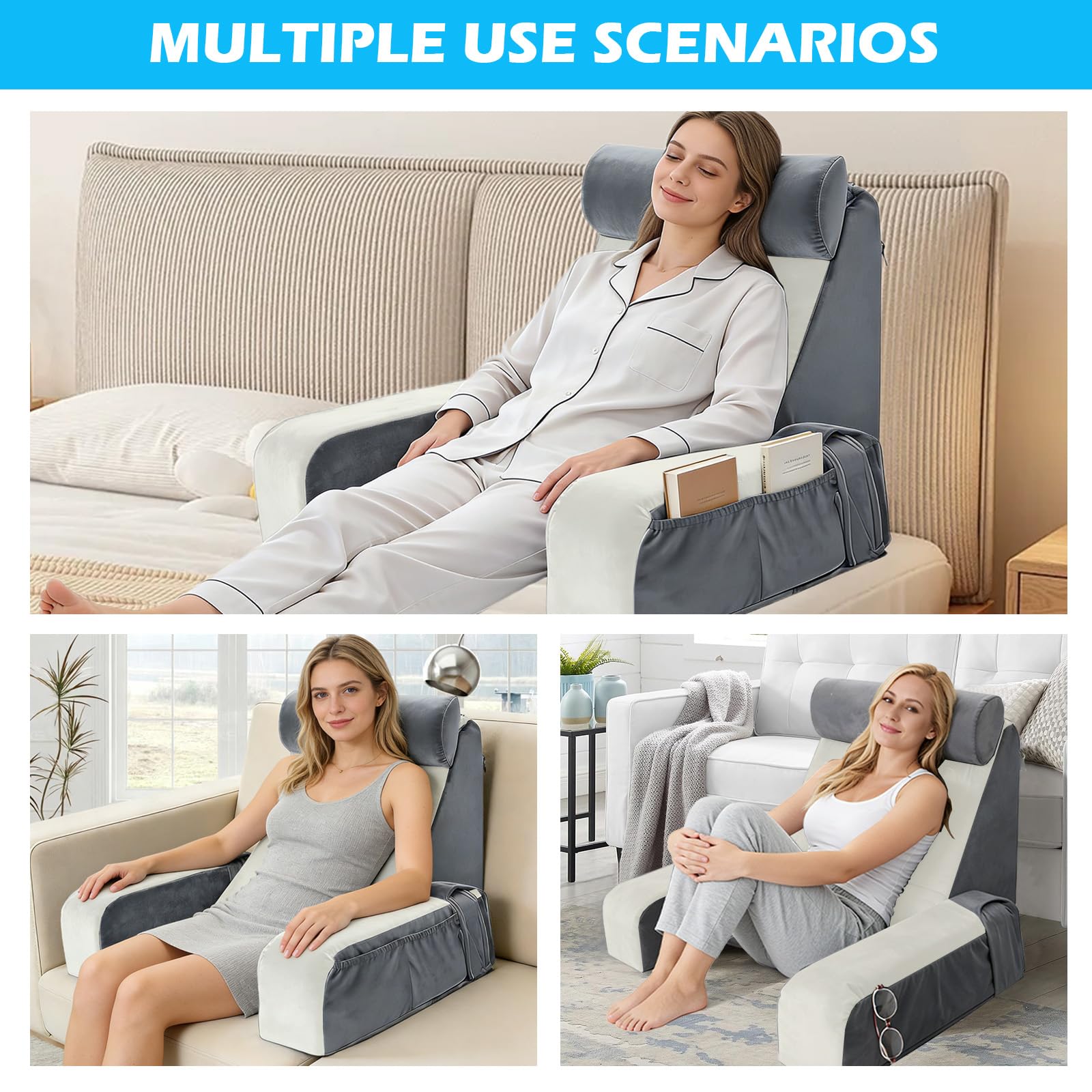 Cuscino da lettura per adulti, cuscino per schienale per letto e divano con braccioli rimovibili, schienale ergonomico per leggere, guardare la TV e rilassarsi, rivestimento lavabile
