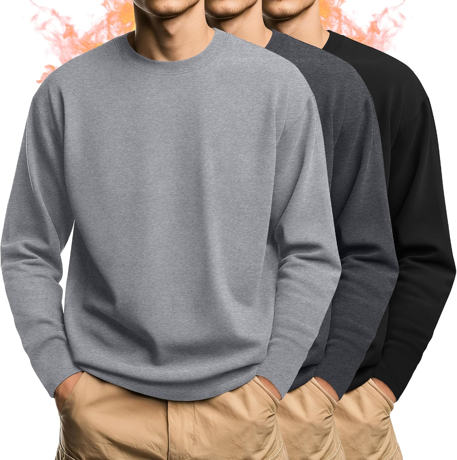 3 Pcs Mens Big and Tall Thermal Shirts Long Sleeve Crew Neck Base Layer Casual Fleece Plus Size Warm Sweatshirts