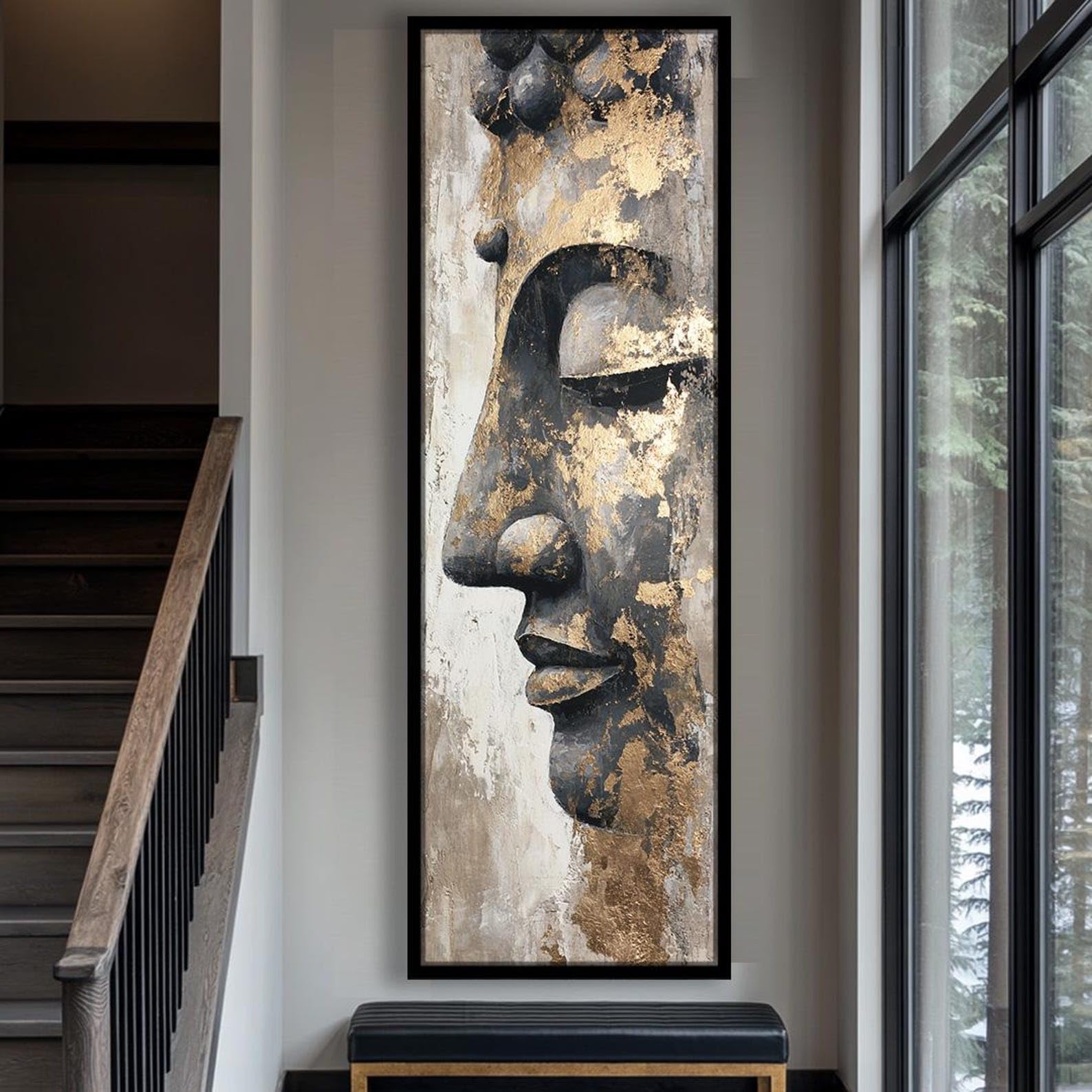 Schmaler Buddha-Wandbild, hohe und dünne Leinwand, abstrakte vertikale Poster für die Dekoration von Zimmern, Eingangsbereichen und Büros (40 x 120 cm / Innenrahmen).