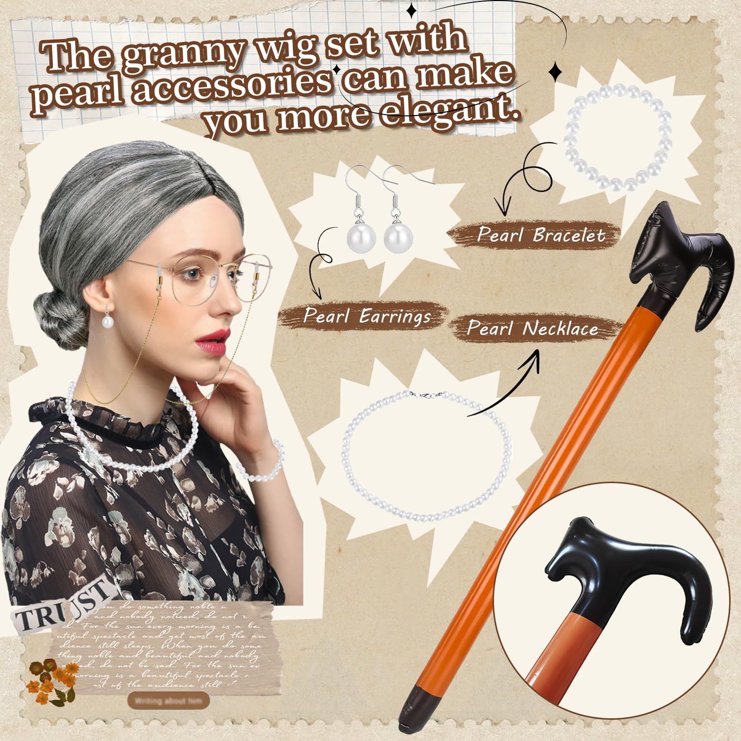 9 Stück Oma Kostüm Rentner Kostüm Perücke Grau Brillenketten Perlenohrringe Armbänder Halsketten Spazierstöcke Haarnetze Aufblasbarer Gehhilfe für Rollenspiel Halloween Karneval