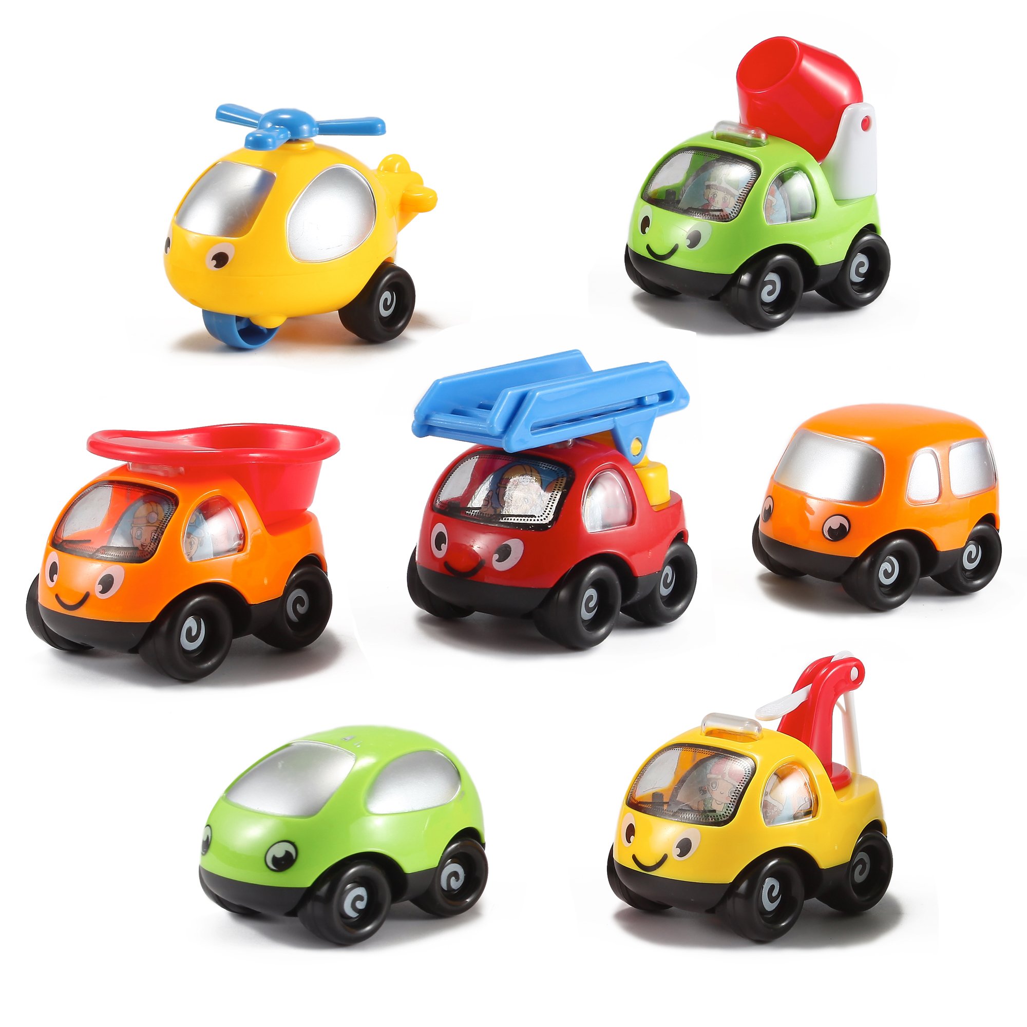 Toon Town Baby Toy Cars, Set of 7 - Fire Truck, Tow Truck, Dump Truck, Helicopter and More