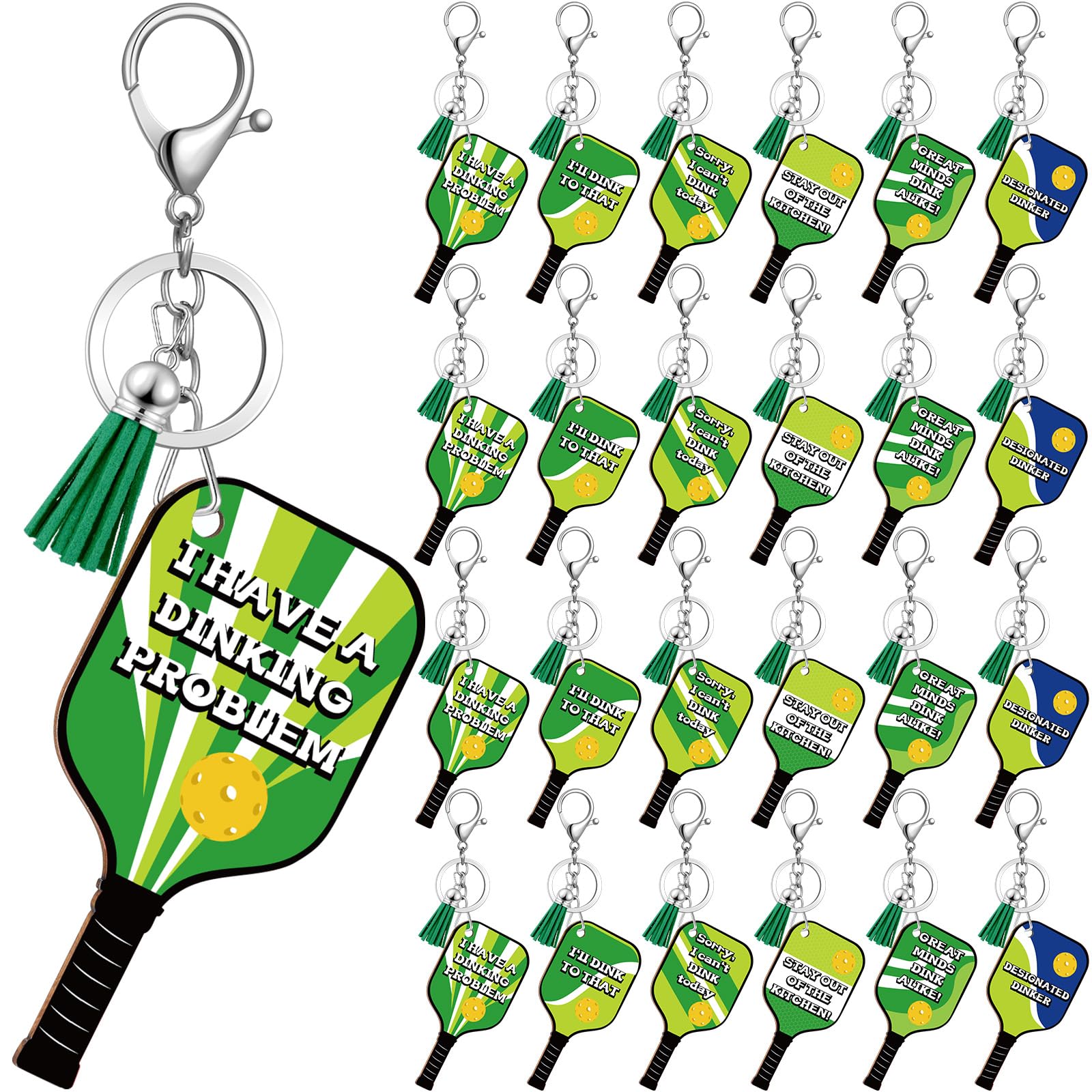 Sonwyoung 24 Set Sports Keychain Wooden Handmade Keychains Inspirational Accessories Dink Ball Gifts Party Decorations(Green,Classic)