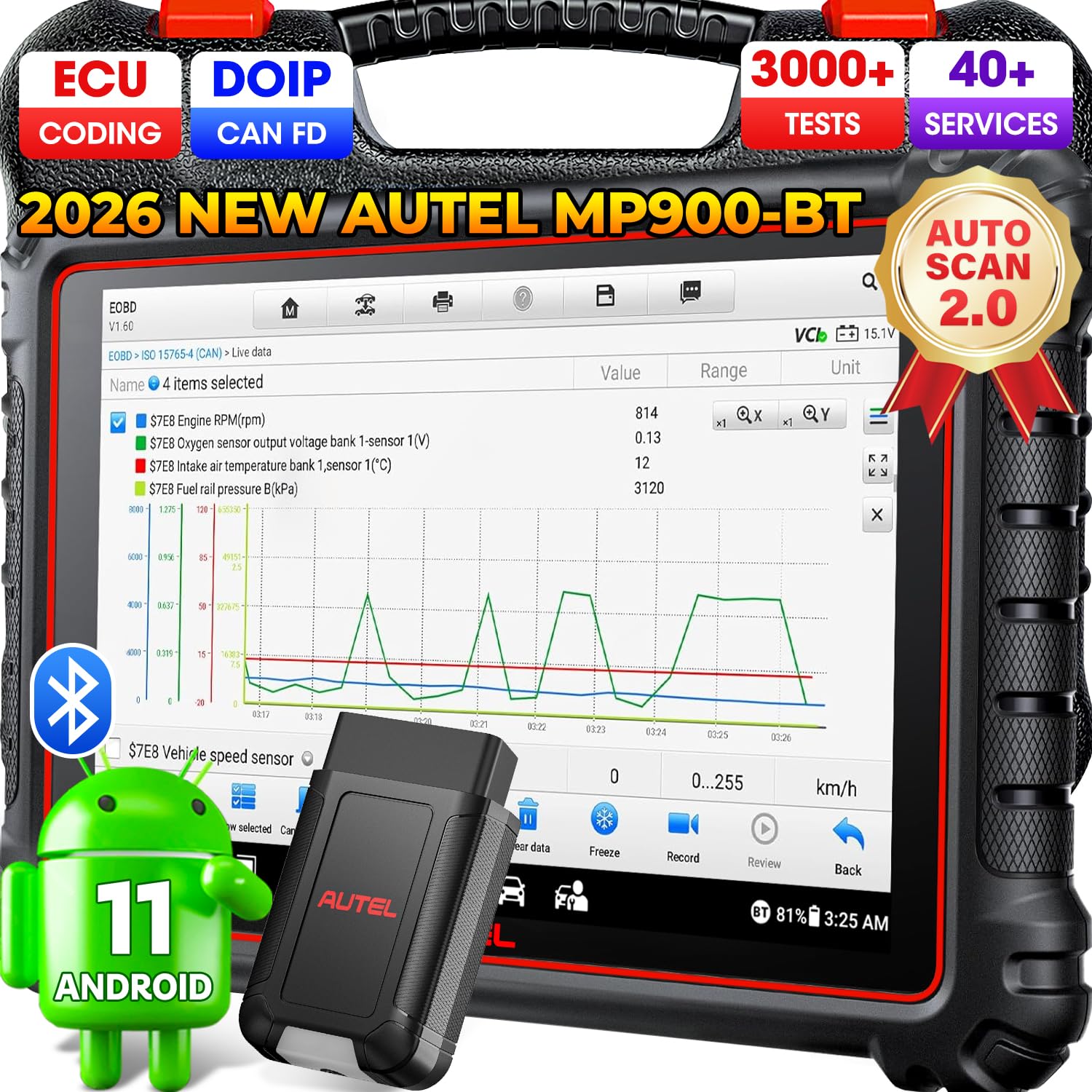Scanner MaxiPRO MP900BT: 2026 MP900-BT Up of MP900E KIT ECU Coding Diagnostic Tool, New Model of MP808BT PRO MP808S DS808 MS906BT MS906, 3000+ Test, DoIP CANFD, VIN/License Scan, 40+ Reset, OS11