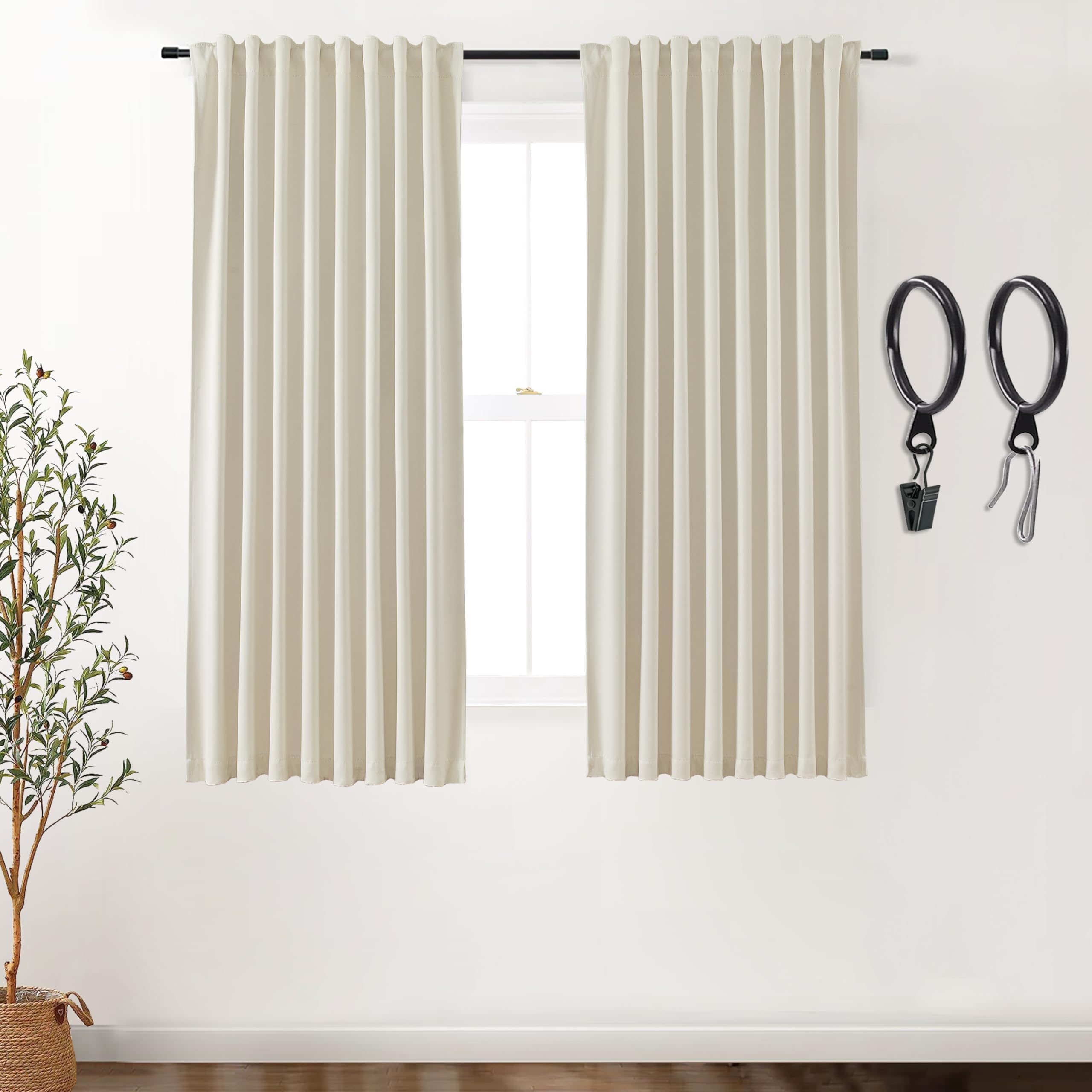 SHINELAND Beige Blackout Curtains 63 Inch Length,Pleated Black Out Curtains for Bedroom 63 Inch Long 2 Panels Set