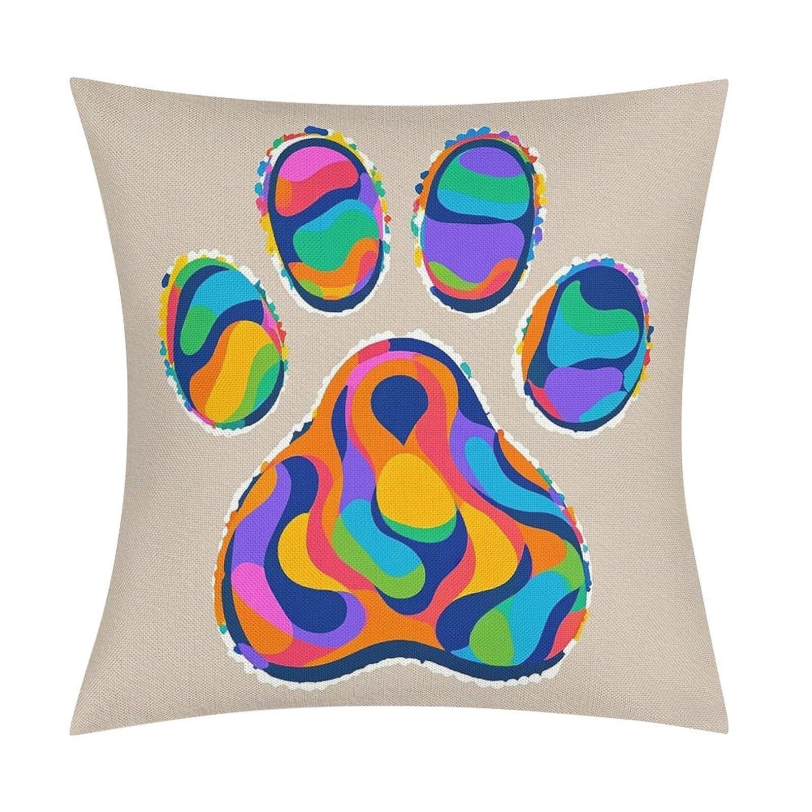 FekiLoot Colorful Dog Paw Print Throw Pillow Cover Soft Square Cushion Case Farmhouse Cushion Cover Decorative Pillow Cover Modern Pillowcase for Sofa Living Room Bed Home Decor 18x18 Inch