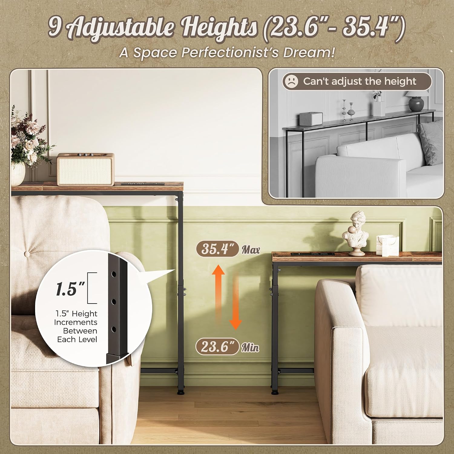 Huuger Narrow Console Table with Power Outlets & USB-C, Rustic Brown