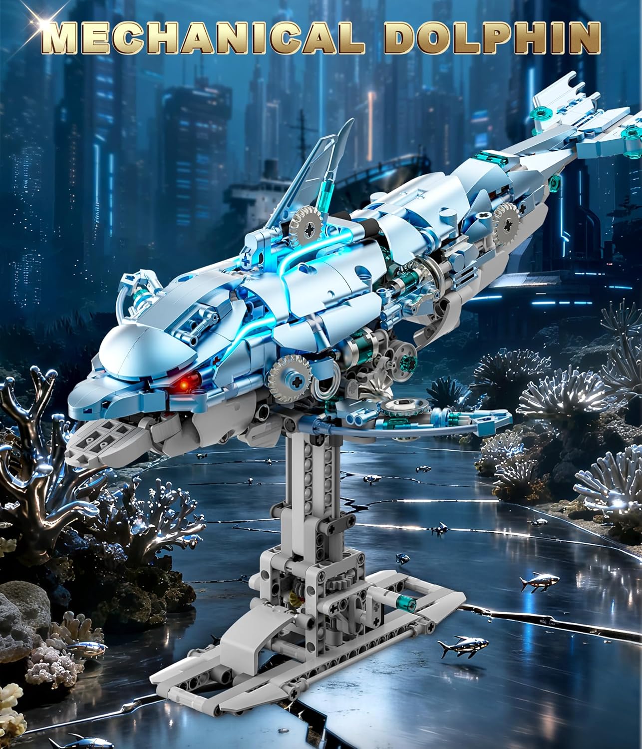 Moving Mechanical Dolphin Building Set - Hand Crank Model Kit with Swimming Tail, Movable Jaw & Glowing Lights | STEM Educational Toy & Unique Desk Decor for Ages 8+, Adults, Blue