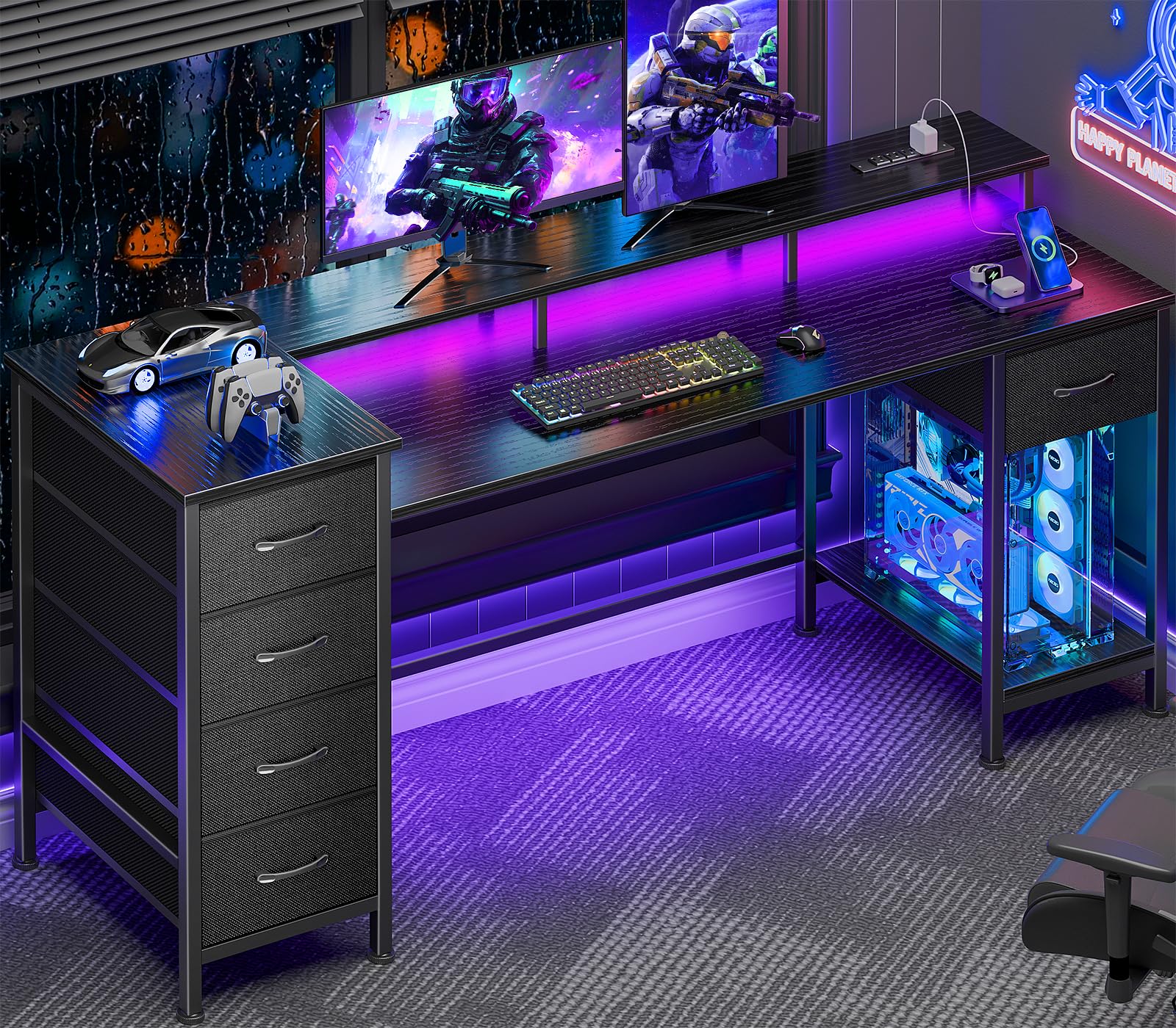 61 Inch Computer Gaming Desk with Power Outlets & LED Lights Reversible Home Office Desk with Adjustable 5 Fabric Storage Drawers for Working Writing Study, Black