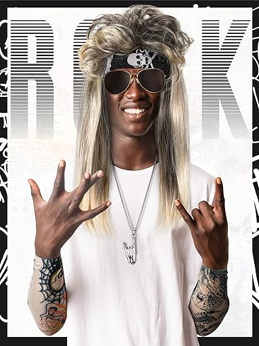 Miniatura 5 de Mepase Juego de 9 piezas de disfraz de rock de los años 80 para Halloween, peluca de tela con diadema de tela, guantes de manga para tatuaje, puños,