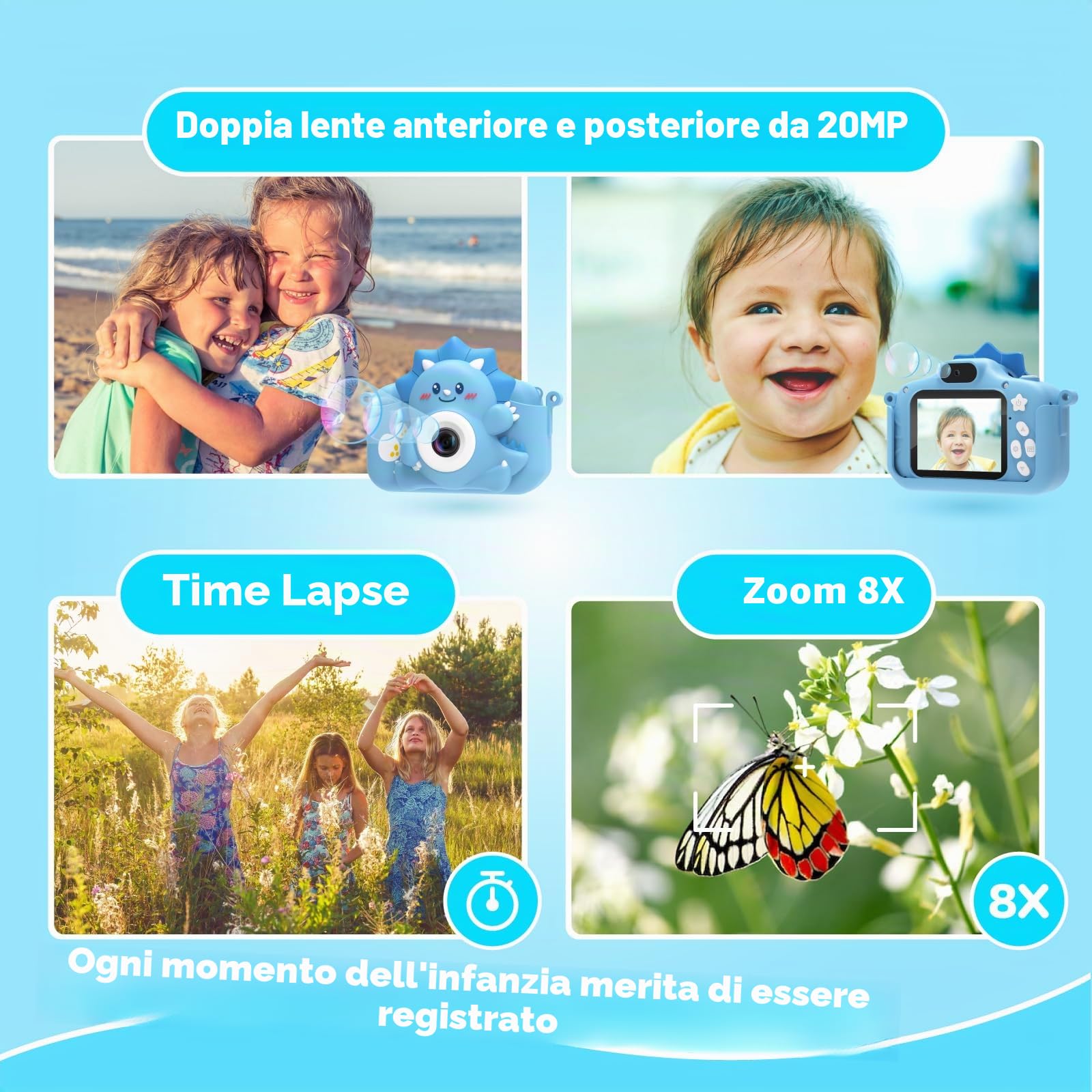 HiMont Macchina Fotografica per Bambini, 1080P Fotocamera Digitale con Scheda 32G & Schermo da 2,0", Selfie Videocamera, Regalo per Compleanno, Natale, Giocattolo per Bambini 3-12 Anni