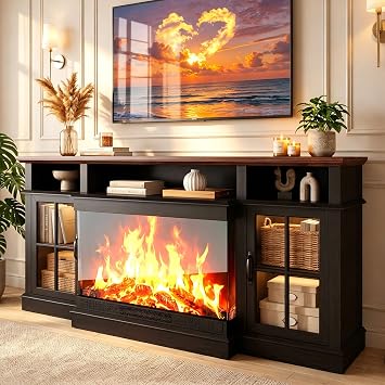 70" Fireplace TV Stand, 3 Sided Glass Modern TV Stand with Fireplace Entertainment Center for TVs Up to 80, TV Console with Storage Cabinets, Media Console for Living Room, Black