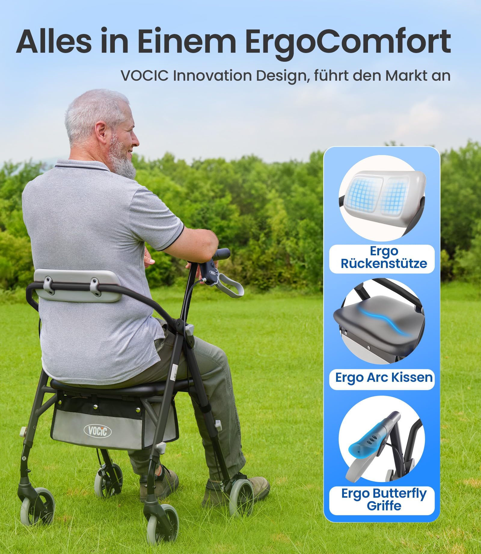 VOCIC Z11 Rollator faltbar und leicht mit Sitz, Max 172kg, Rollator schmal für wohnung, Rollatoren leicht klappbar für Senioren, Ergonomischer Sitz, höhenverstellbar, Obsidian, 5 Jahre Support