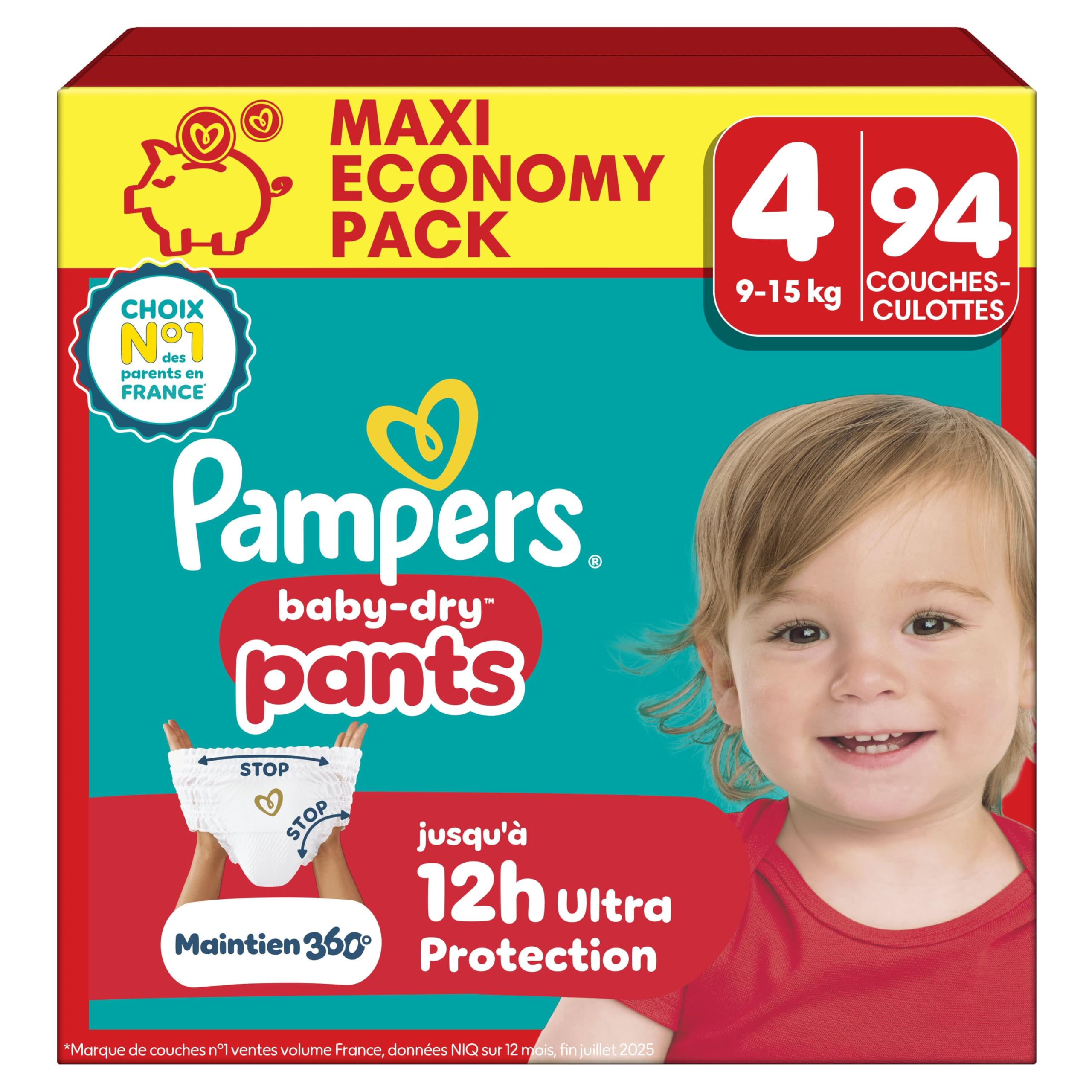 Pampers Baby-Dry Pants Taille 4, 94 Couches-Culottes, 9kg-15kg, Protection 360° contre les fuites jour et nuit