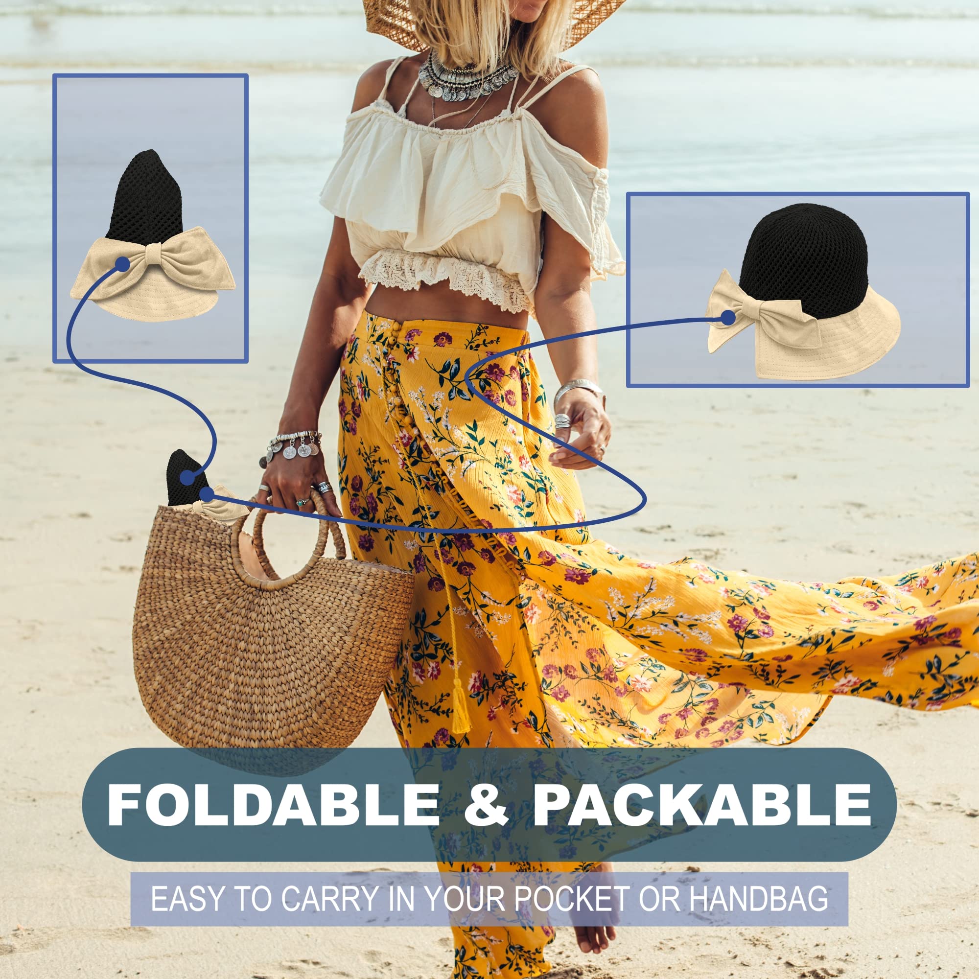Sombrero de paja para mujer, ala ancha, protección UV UPF 50+, plegable, plegable, plegable, plegable, plegable, con lazo y correa para la barbilla, A Beige / Negro, Talla única 5