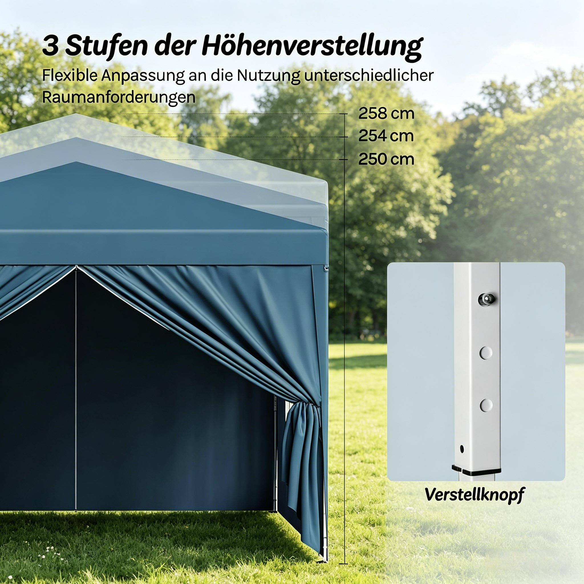 Gazebo 3 x 3 m blu – Gazebo pieghevole impermeabile con protezione UV 50+, telaio in acciaio regolabile in altezza, pieghevole, per feste, giardino, terrazza, campeggio